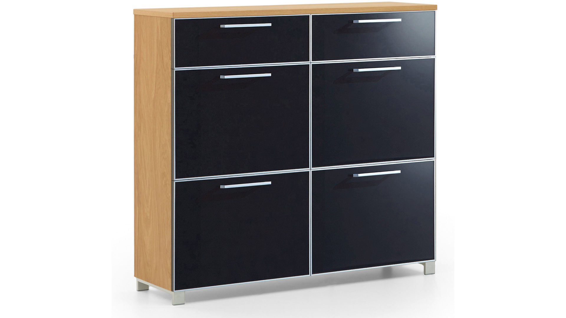 Schuhschrank Voss möebel aus Glas in Schwarz VOSS MÖBEL Schuhschrank Santina als Dielenmöbel Eiche Bianco & anthrazitfarbenes Glas – zwei Schubladen, vier Klappen