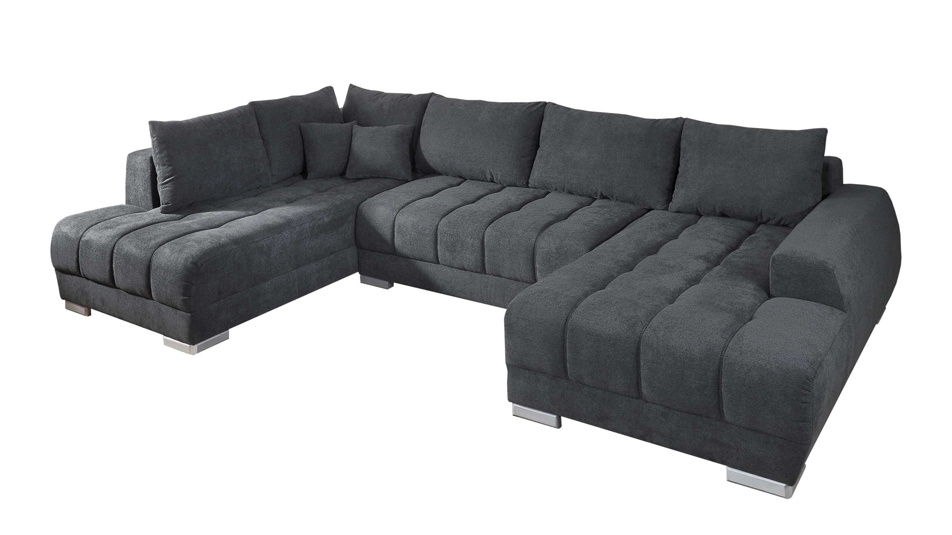 Ecksofa Iwaniccy aus Stoff in Grau Ecksofa Metro U dunkelgrauer Bezug Centauri 16 & silberfarbene Holzfüße – Stellfläche ca. 220 x 368 cm