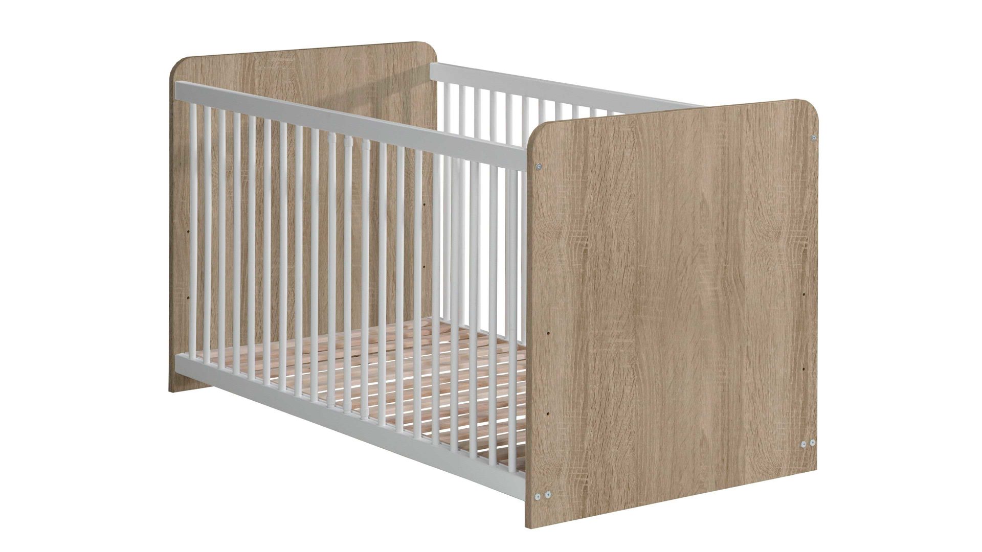 Babybett Forte® aus Holz in Holzfarben Babybettgestell Sonoma eichefarbene & weiße Kunststoffoberflächen – Liegefläche ca. 70 x 140 cm