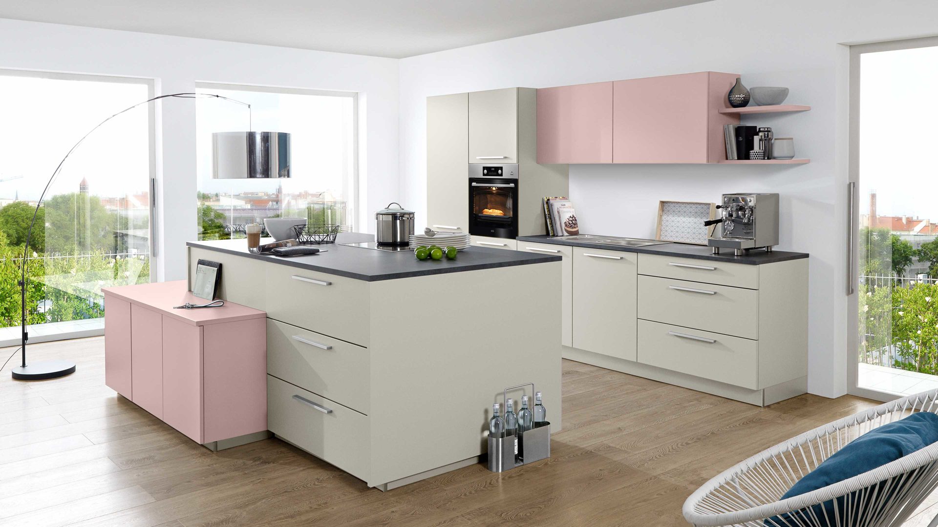 Einbauküche Nolte® küchen aus Holz in Pastell nolte Einbauküche Soft Lack mit AEG-Einbaugeräten Platingrau & Lavendel – zweizeilig