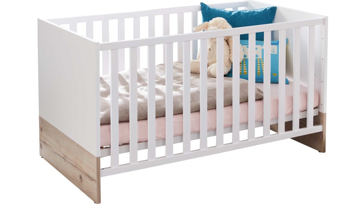 Babybett Paidi aus Holz in Weiß PAIDI Babyzimmer Katrin – Kinderbettgestell Kreideweiß & Vintage Fichte – Liegefläche ca. 70 x 140 cm