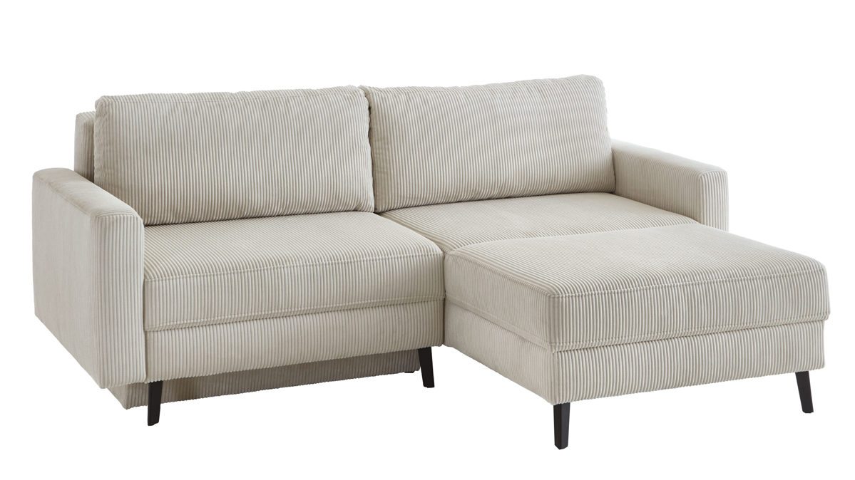 Ecksofa Restyl aus Stoff in Beige Ecksofa Zac mit Schlaffunktion naturfarbener Cordbezug & schwarze Metallfüße - Stellfläche ca. 230 x 165 cm