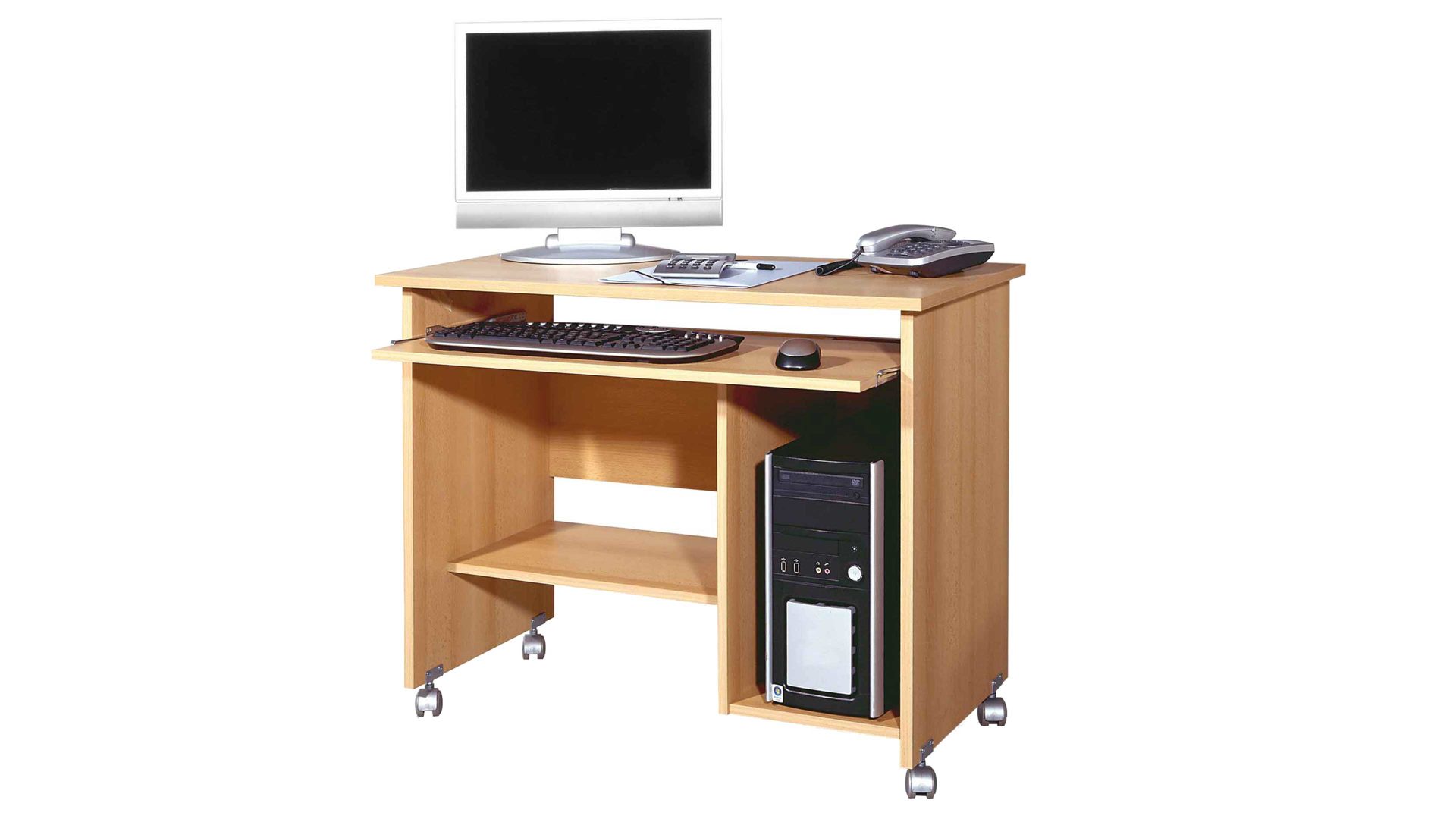 Computertisch Germania aus Holz in Holzfarben Computertisch auf Rollen für Ihre Büroeinrichtung Buche - ca. 90 x 48 cm