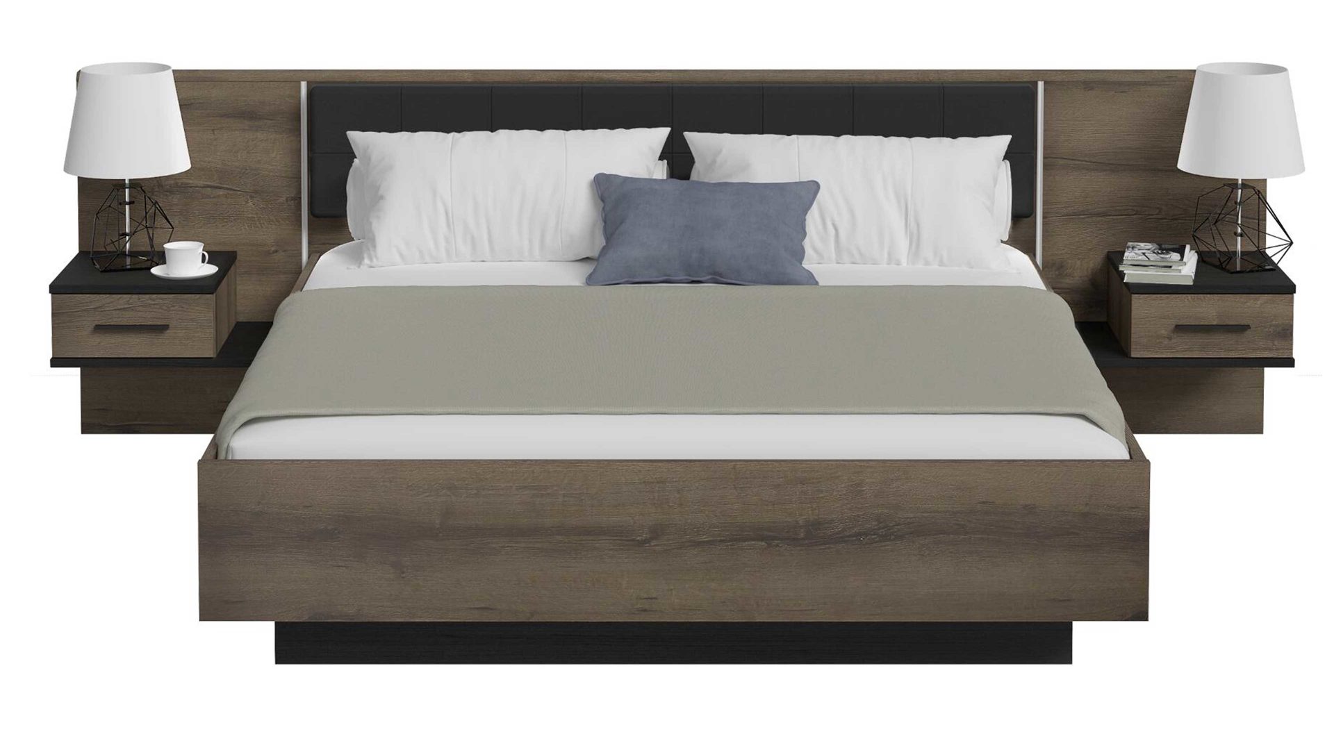 Doppelbett Forte® aus Holz in Holzfarben Bettgestell Bellevue mit Nachtkommoden Schwarzeiche & Schlamm – Liegefläche ca. 180 x 200 cm