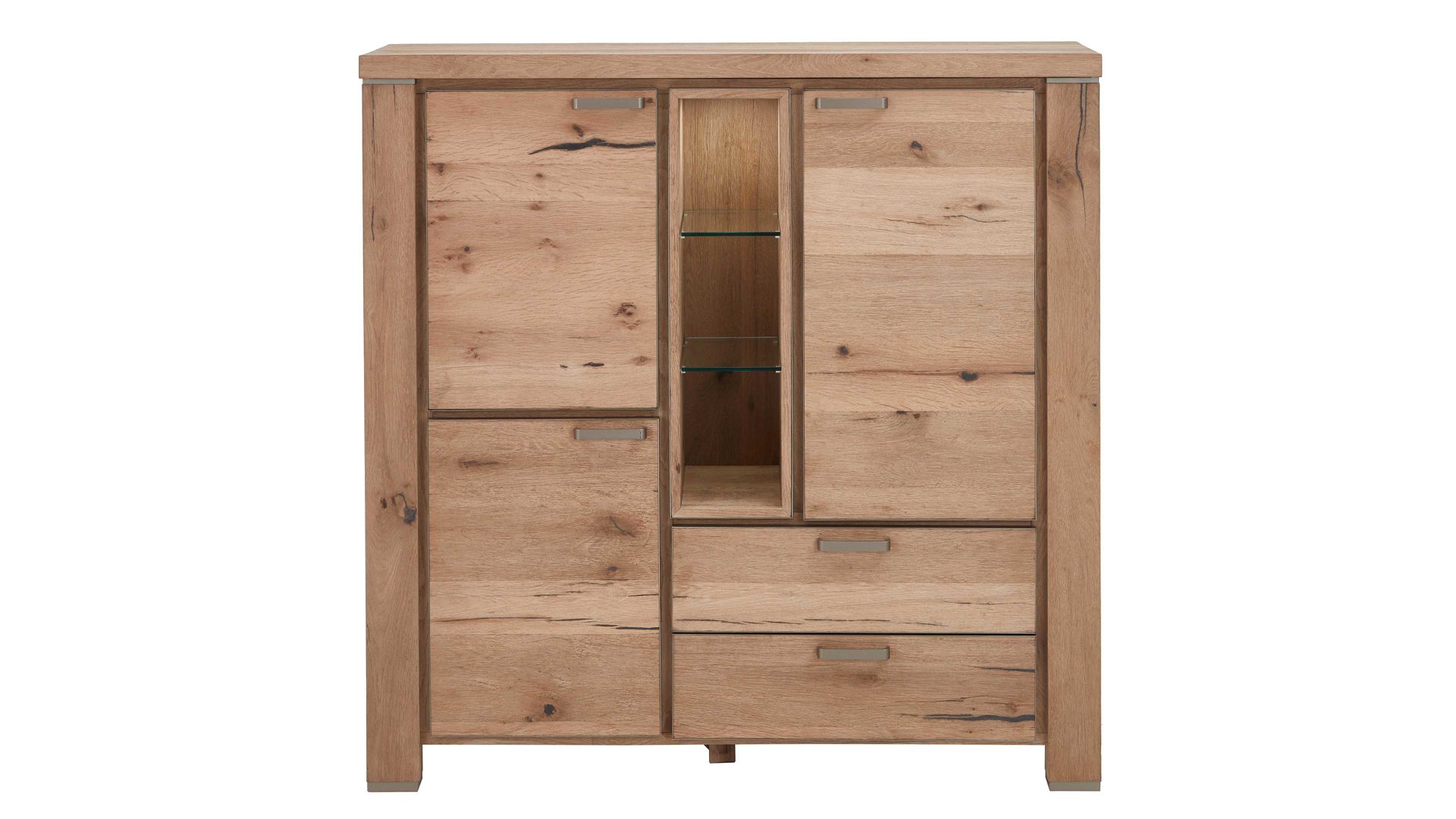 Highboard WOODS & TRENDS aus Holz in Holzfarben WOODS & TRENDS Highboard bzw. Wohnzimmerschrank Canova railwaybraunes Eichefurnier & Metall – zwei Türen, zwei Schubladen