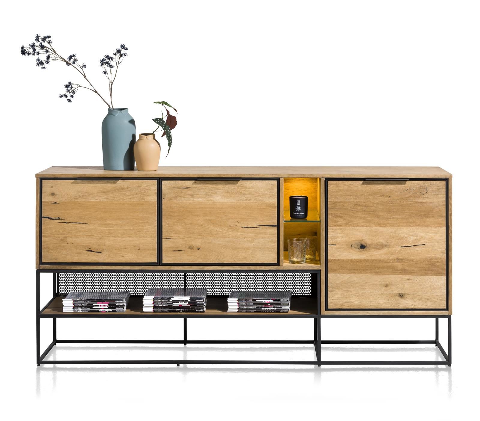 Sideboard Henders & Hazel aus Furnier Holz MDF Metall in Braun Holzfarben Hell Schwarz Sideboard bzw. Wohnzimmerschrank Eiche Furnier Railway Braun, Metall schwarz lackiert