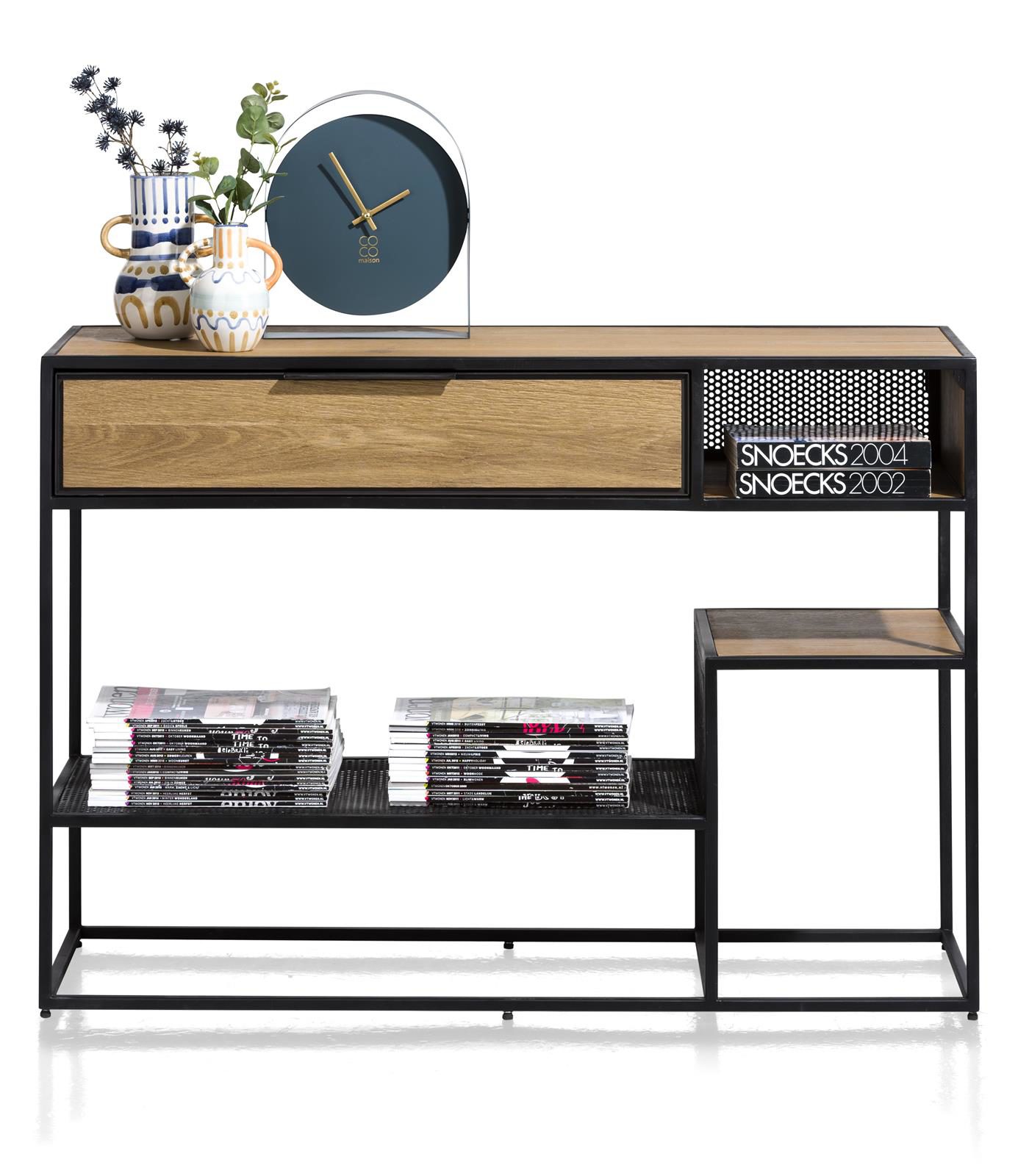 Einzeltisch Henders & Hazel aus Furnier Holz MDF Metall in Braun Holzfarben Hell Schwarz Wandtisch 110 x 35 cm Eiche Furnier Railway Braun, Metall schwarz lackiert