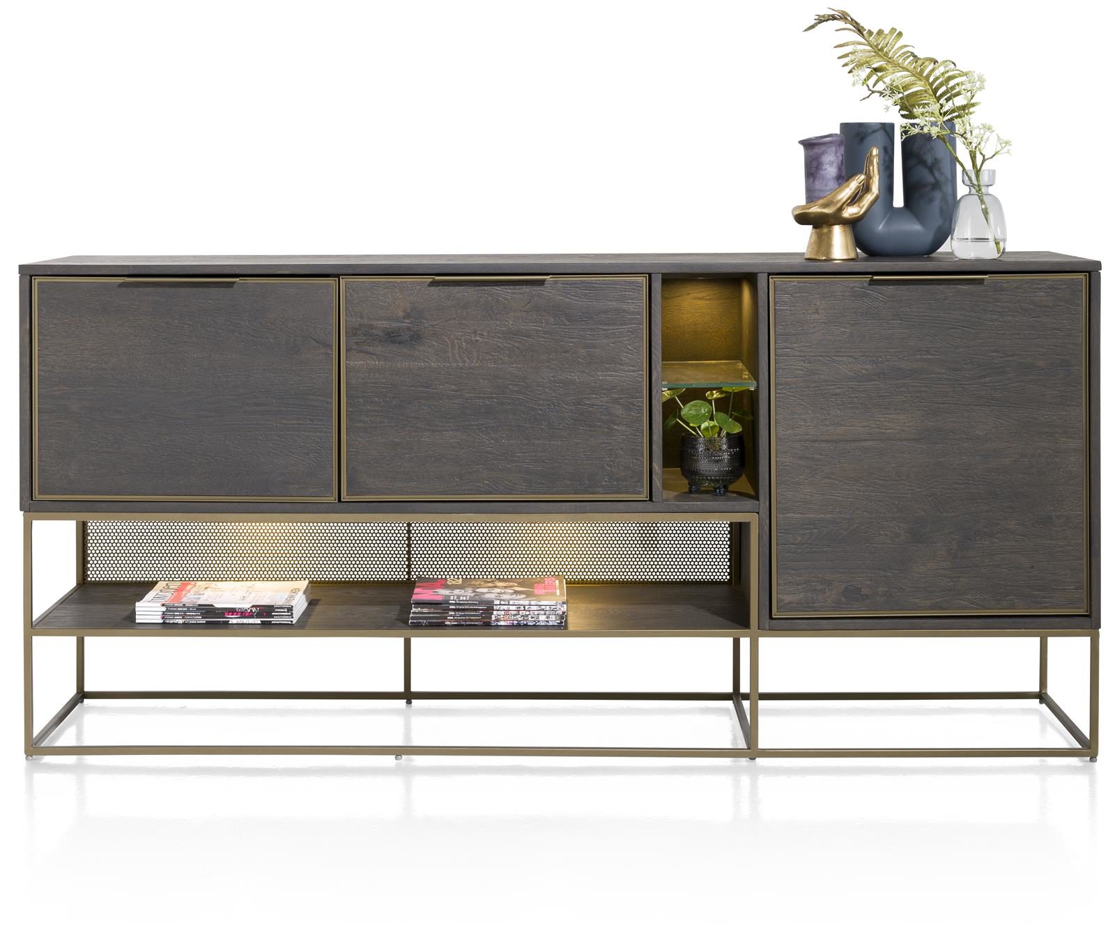 Sideboard Henders & Hazel aus Furnier Holz MDF Metall Glas in Anthrazit Champagner Gold Sideboard bzw. Wohnzimmerschrank Eiche Furnier Anthrazit, Metall Champagner- Gold lackiert