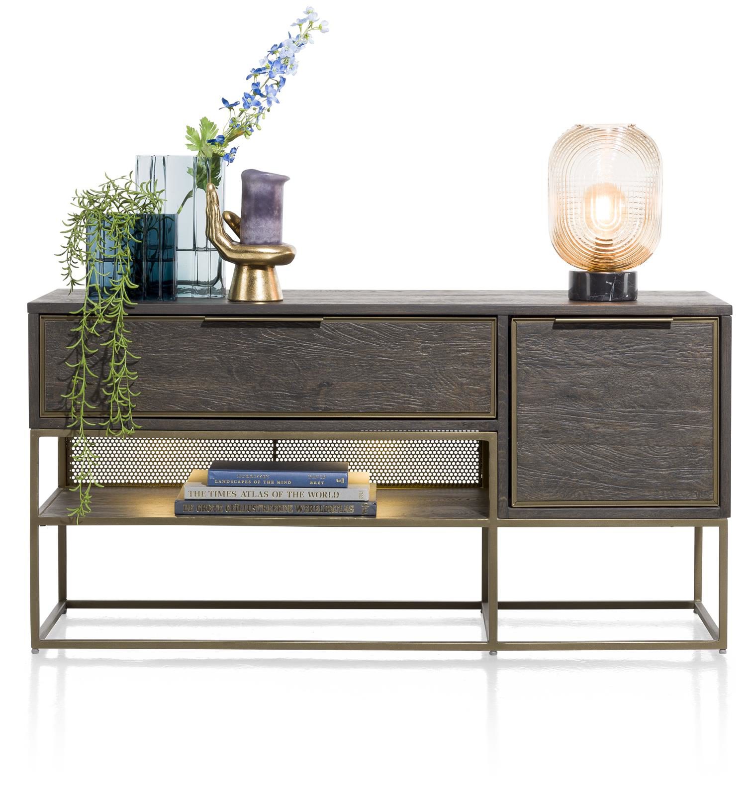 Lowboard Henders & Hazel aus Furnier Holz MDF Metall in Anthrazit Champagner Gold Lowboard bzw. TV-Schrank Eiche Furnier Anthrazit, Metall Champagner- Gold lackiert