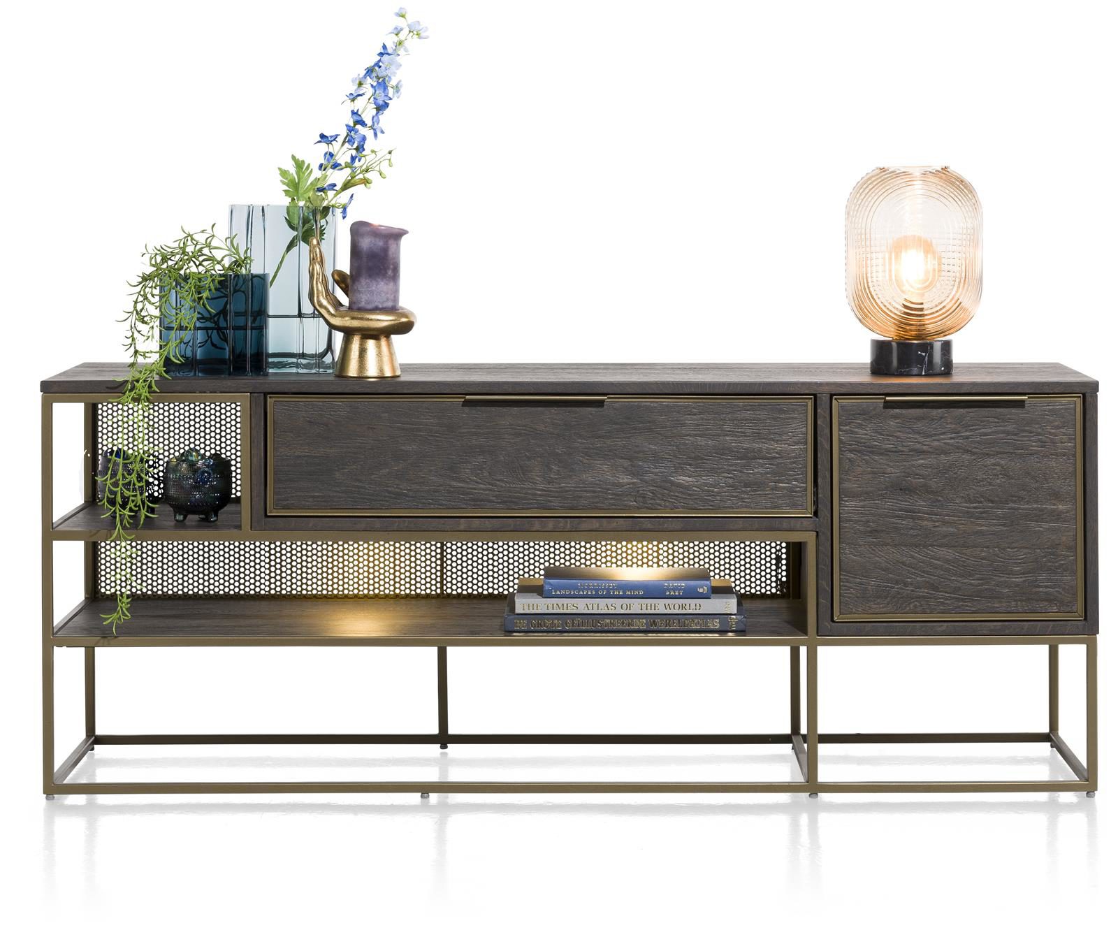 Lowboard Henders & Hazel aus Furnier Holz MDF Metall in Anthrazit Champagner Gold Lowboard bzw. TV-Schrank Eiche Furnier Anthrazit, Metall Champagner- Gold lackiert