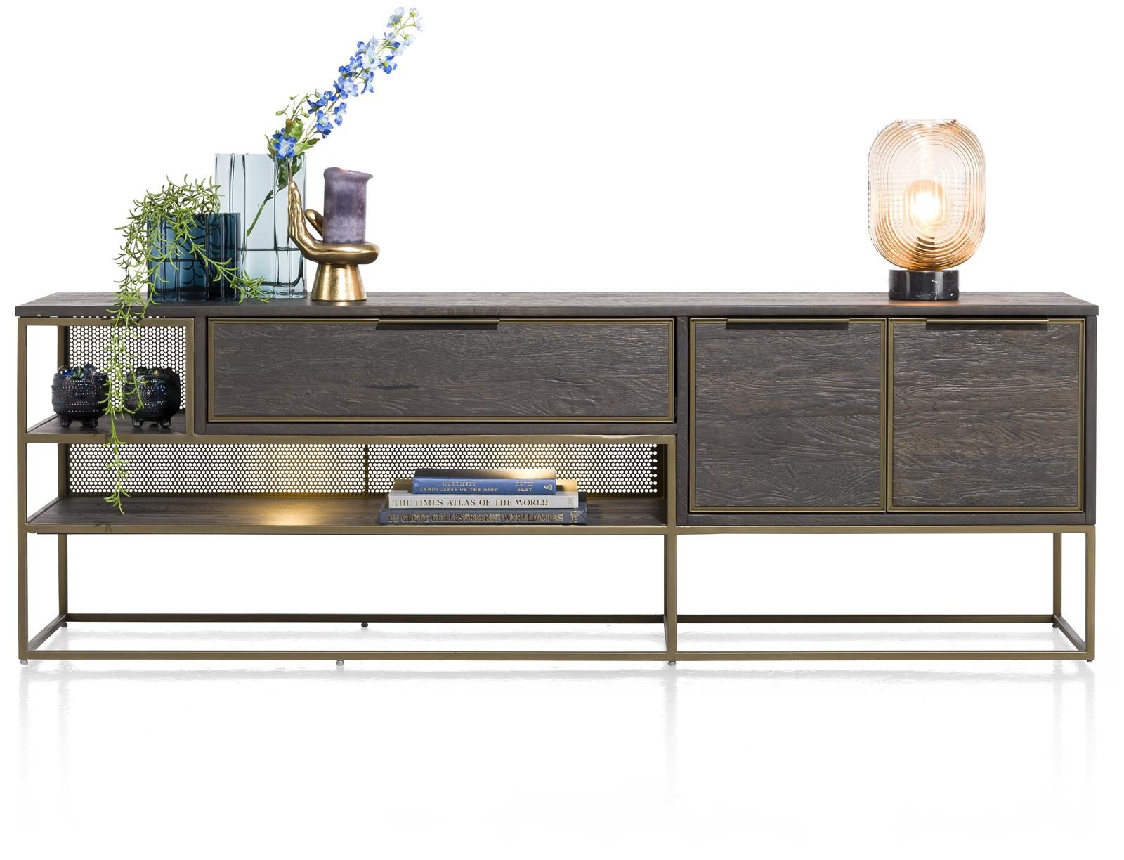 Lowboard Henders & Hazel aus Furnier Holz MDF Metall in Anthrazit Champagner Gold Lowboard bzw. TV-Schrank Eiche Furnier Anthrazit, Metall Champagner- Gold lackiert