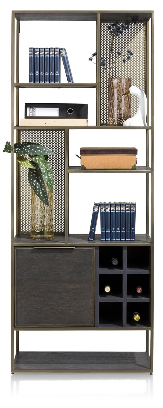 Bücherregal Henders & Hazel aus Furnier Holz MDF Metall in Anthrazit Champagner Gold Regal bzw. Bücherregal EEiche Furnier Anthrazit, Metall Champagner- Gold lackiert