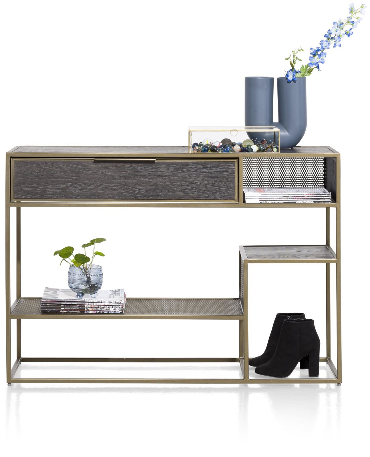 Einzeltisch Henders & Hazel aus Furnier Holz MDF Metall in Anthrazit Champagner Gold Wandtisch 110 x 35 cm Eiche Furnier Anthrazit, Metall Champagner- Gold lack