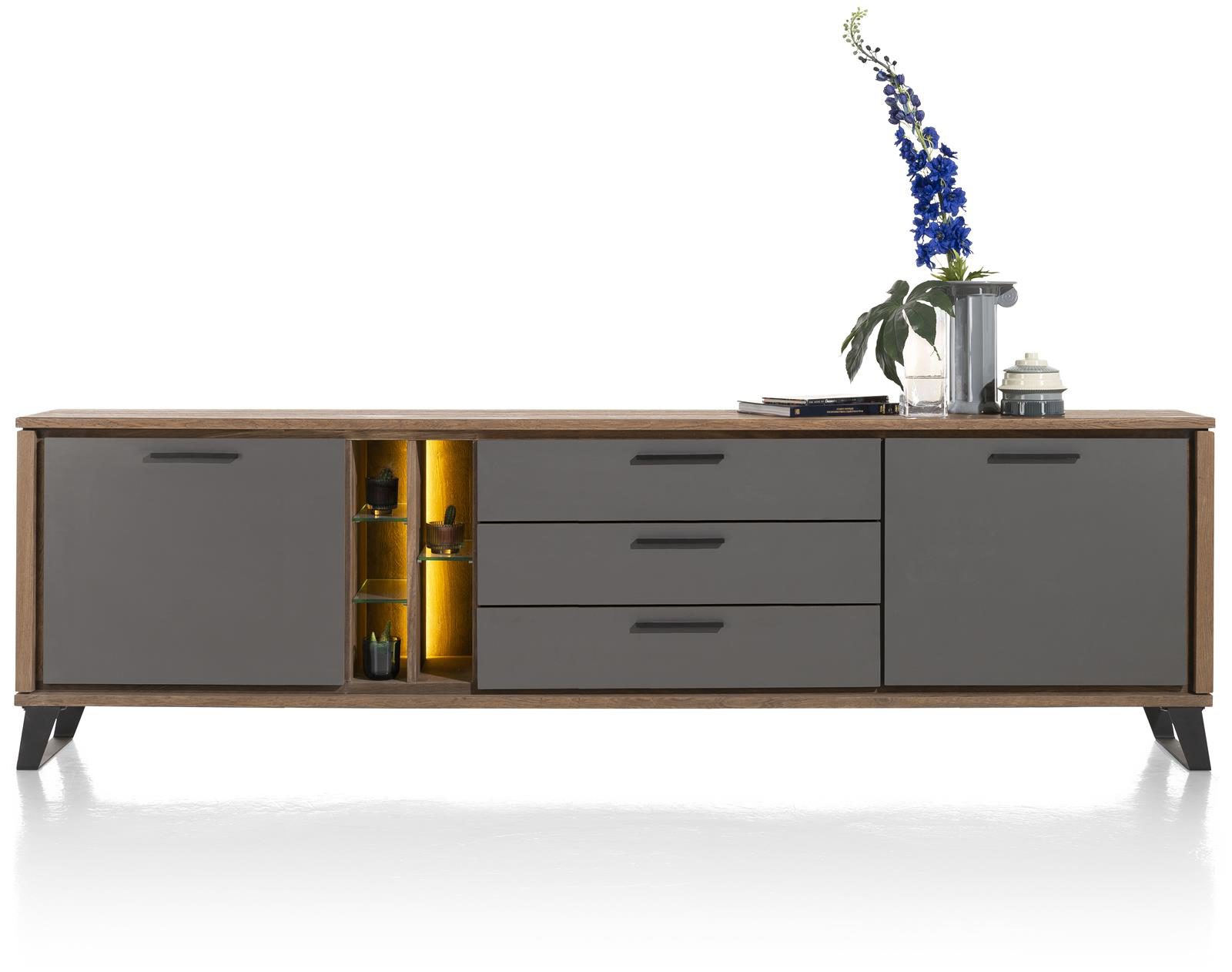 Sideboard Henders & Hazel aus Furnier Glas Metall in Anthrazit Braun Sideboard bzw. Wohnzimmerschrank Eichenfurnier Burned Oak, Lackfronten aus Primo Laminato