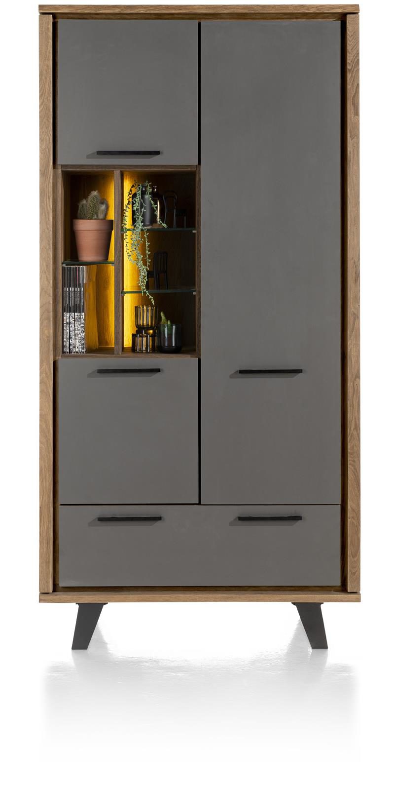 Schrank Henders & Hazel aus Furnier Glas Metall in Anthrazit Braun Schrank bzw. Wohnzimmerschrank Eichenfurnier Burned Oak, Lackfronten aus Primo Laminato