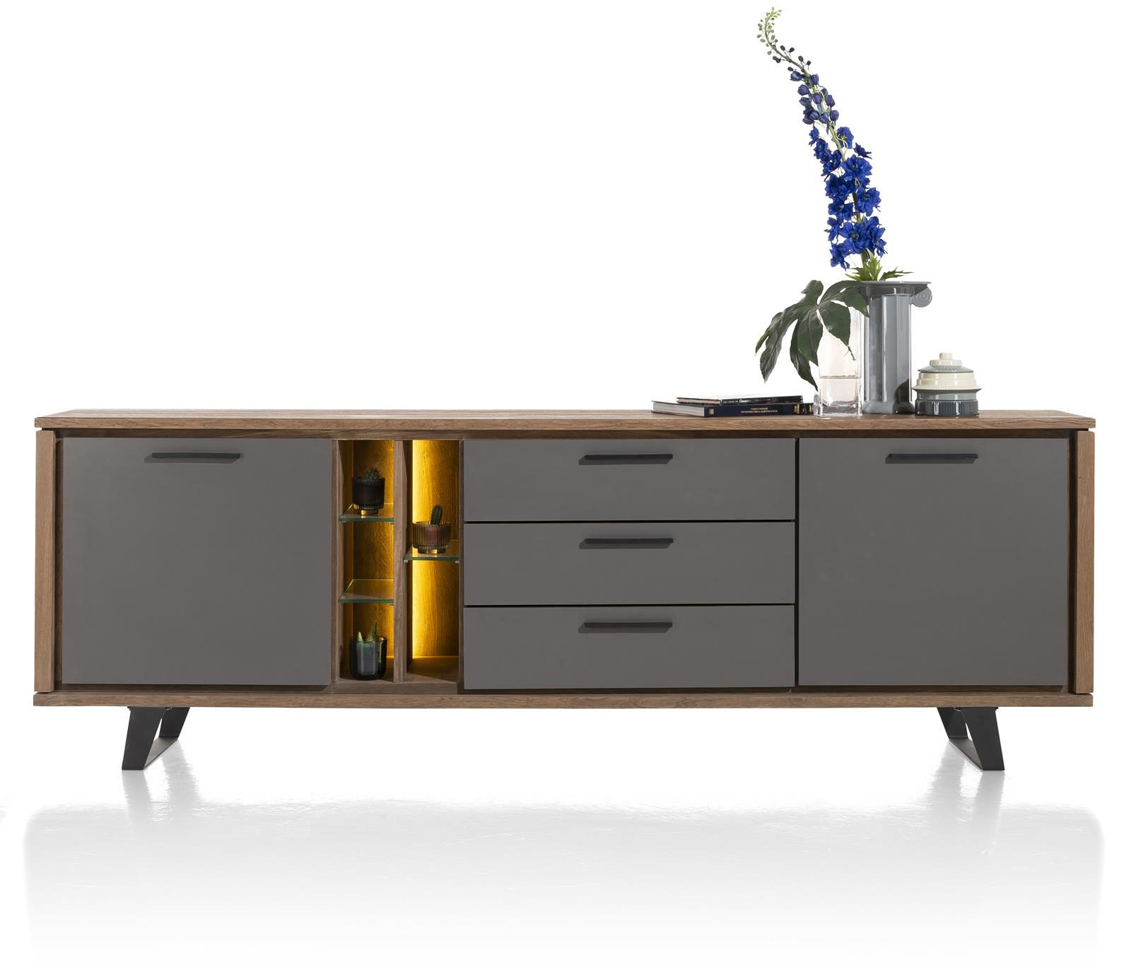 Sideboard Henders & Hazel aus Furnier Glas Metall in Anthrazit Braun Sideboard bzw. Wohnzimmerschrank Eichenfurnier Burned Oak, Lackfronten aus Primo Laminato