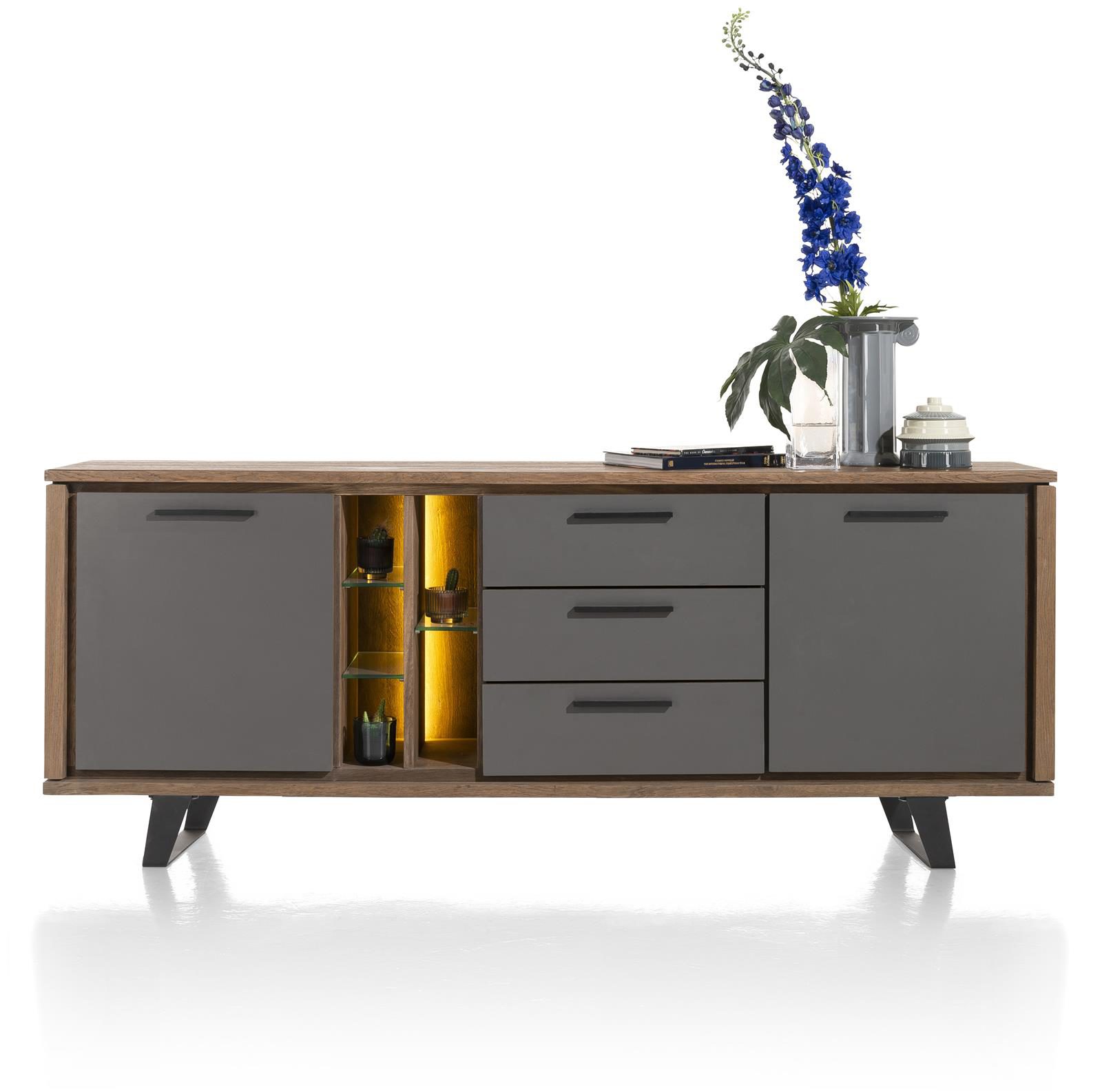 Sideboard Henders & Hazel aus Furnier Glas Metall in Anthrazit Braun Sideboard bzw. Wohnzimmerschrank Eichenfurnier Burned Oak, Lackfronten aus Primo Laminato