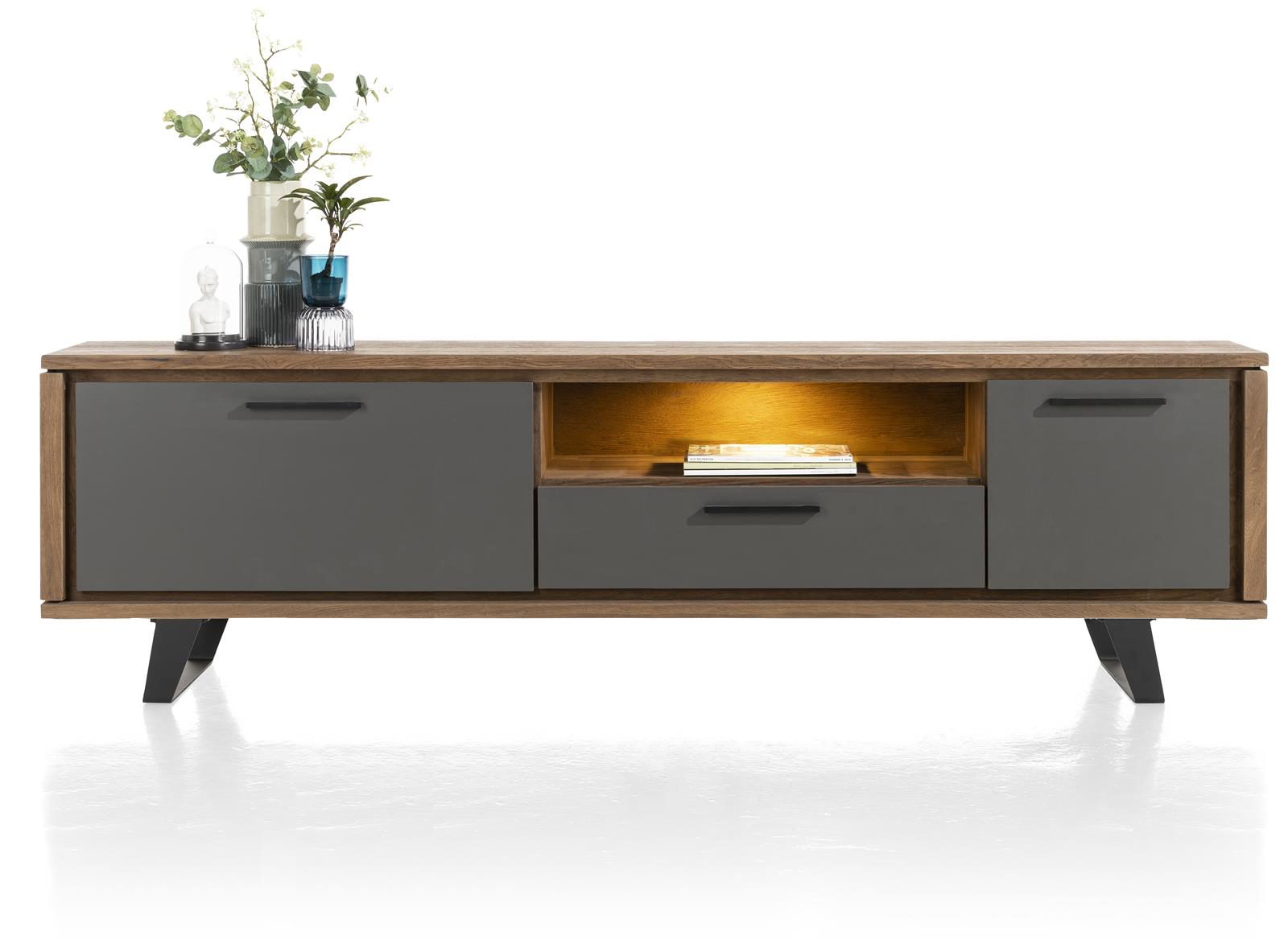 Lowboard Henders & Hazel aus Furnier Metall in Anthrazit Braun Lowboard 210 cm bzw. TV-Schrank Eichenfurnier Burned Oak, Lackfronten aus Primo Laminato