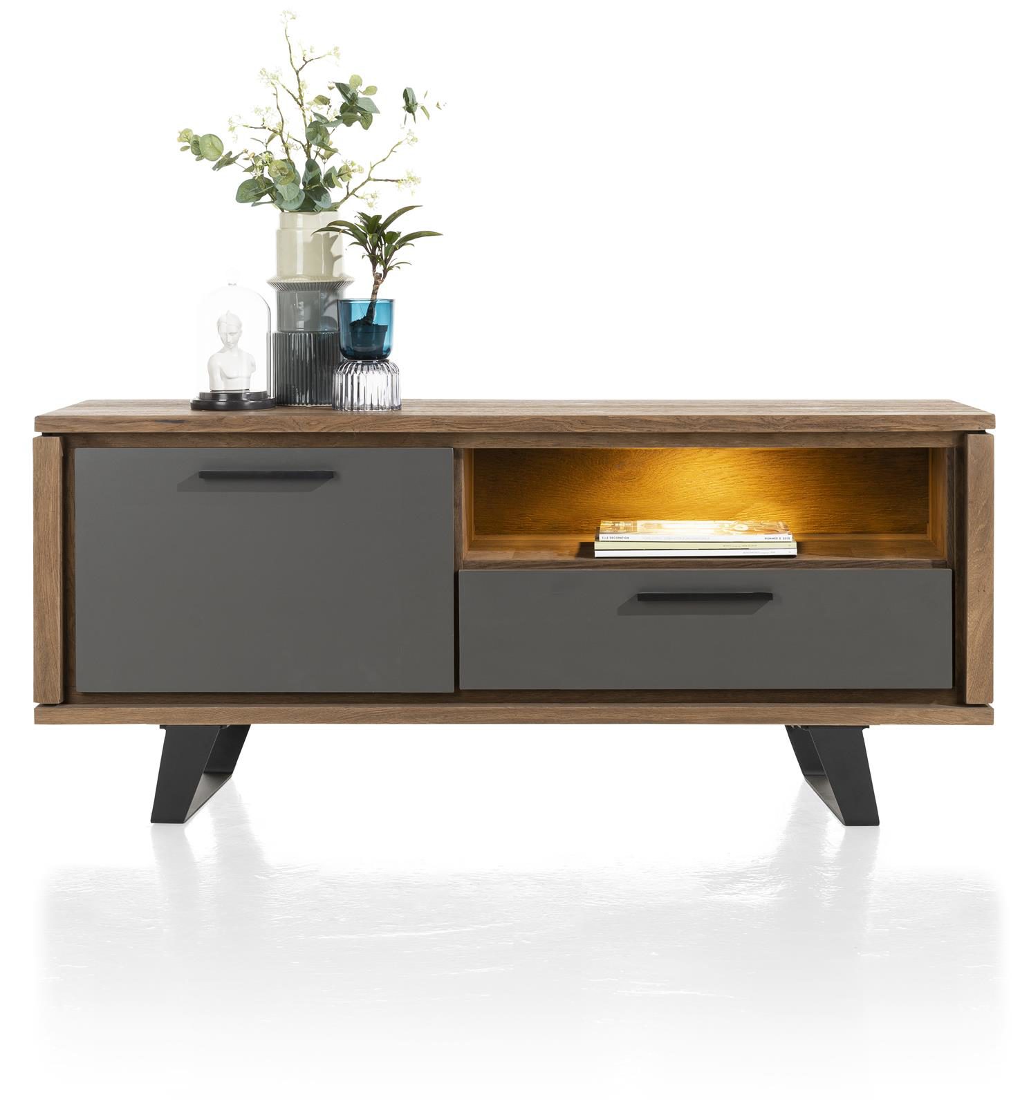 Lowboard Henders & Hazel aus Furnier Metall in Anthrazit Braun Lowboard 140 cm bzw. TV-Schrank Eichenfurnier Burned Oak, Lackfronten aus Primo Laminato