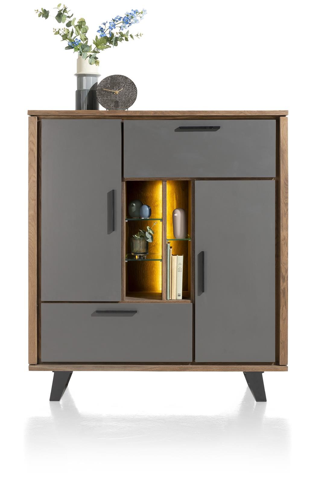 Highboard Henders & Hazel aus Furnier Glas Metall in Anthrazit Braun Highboard bzw. Wohnzimmerschrank Eichenfurnier Burned Oak, Lackfronten aus Primo Laminato