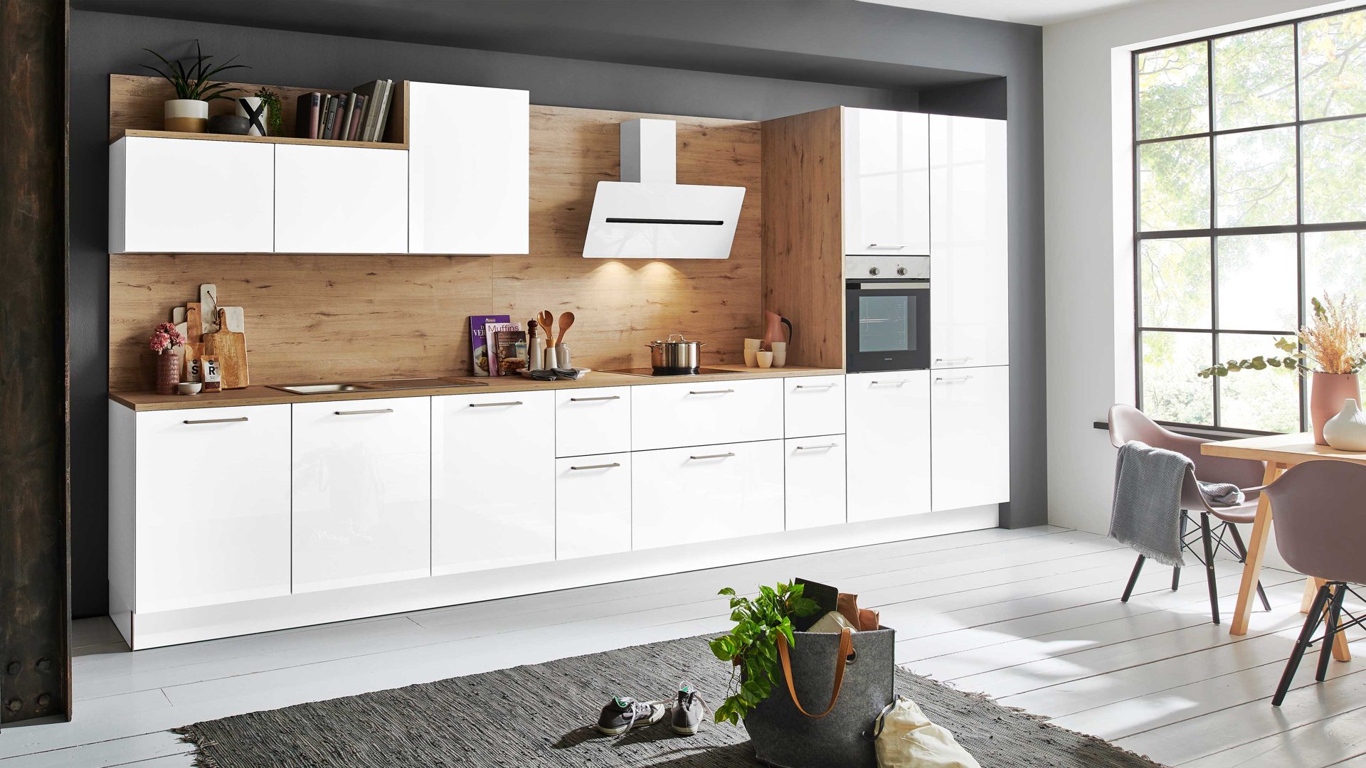 Einbauküche Nolte® küchen aus Holz in Weiß nolte® Einbauküche Lux mit Constructa Einbaugeräten Arcticweiß & Wildeiche rustikal - Länge ca. 470 cm