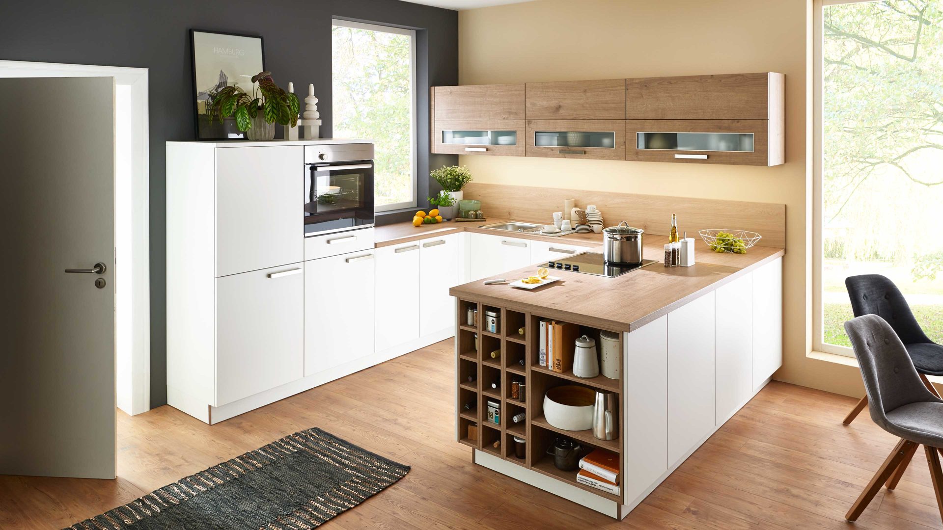 Einbauküche Nolte® küchen aus Holz in Weiß nolte® Einbauküche Manhattan mit Einbaugeräten Weiß & Steineiche - Stellfläche ca. 275 x 291 cm