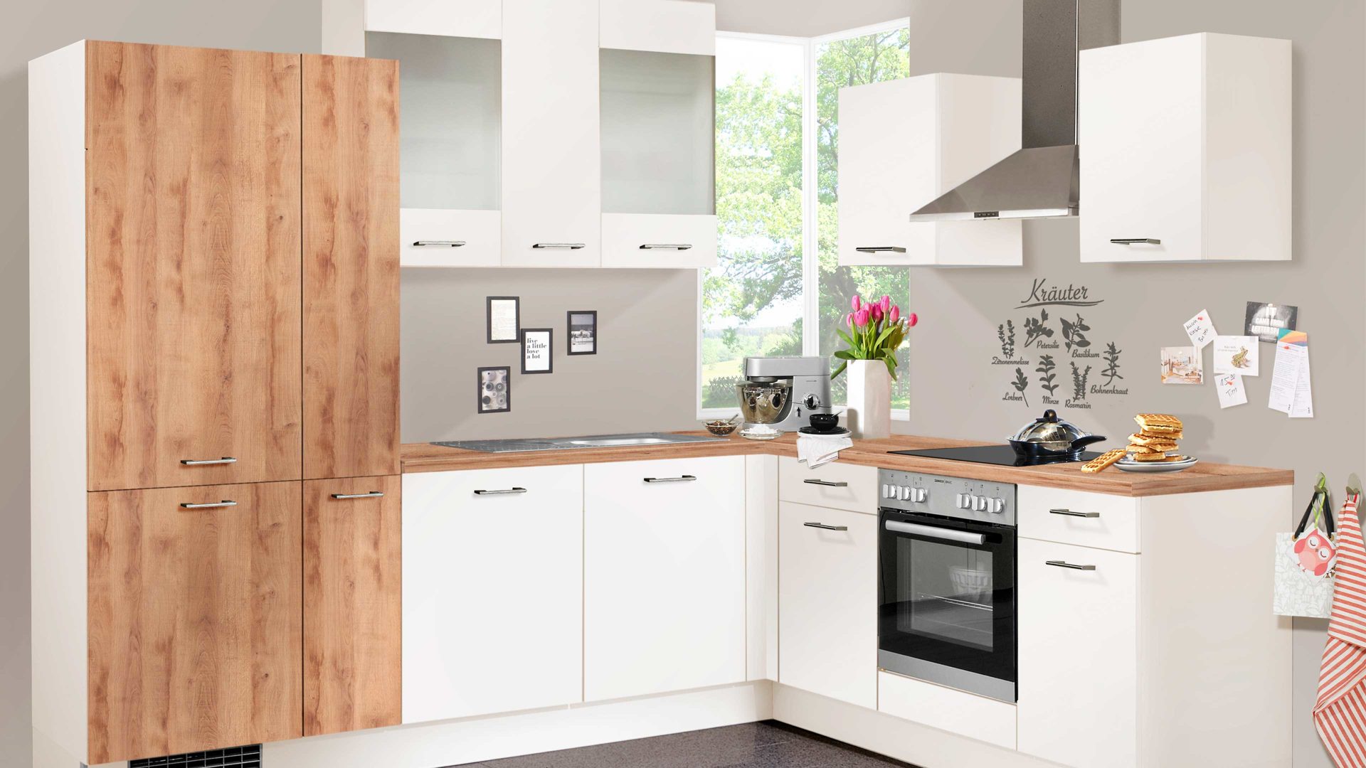 Einbauküche Pino küchen aus Holz in Weiß pino Einbauküche inklusive Einbaugeräte Magnolie & Honig Eiche - Stellfläche ca. 275 x 205 cm