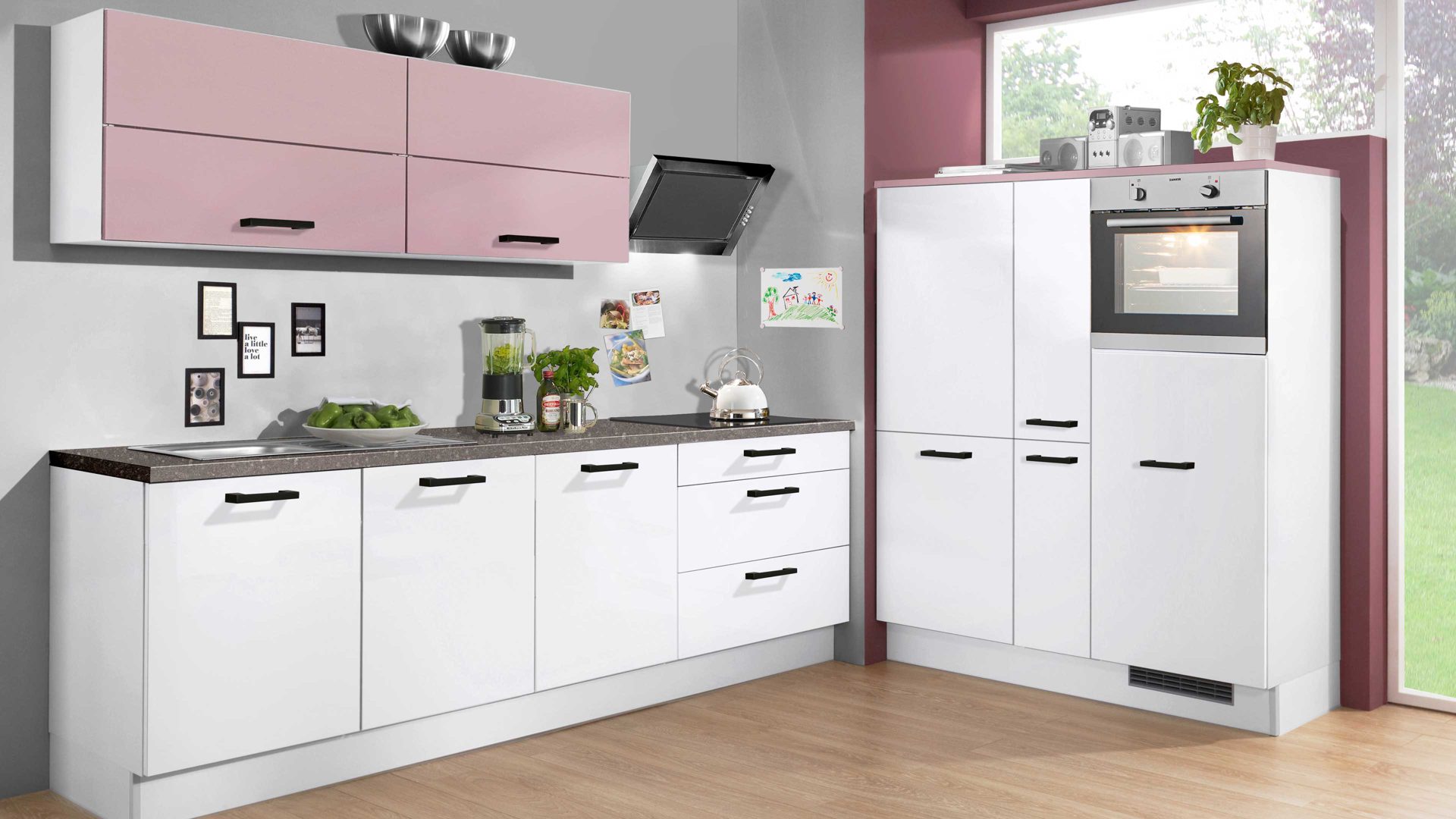 Einbauküche Pino küchen aus Holz in Pink pino Einbauküche inklusive Einbaugeräte Antikrosa & Weiß - zweizeilig