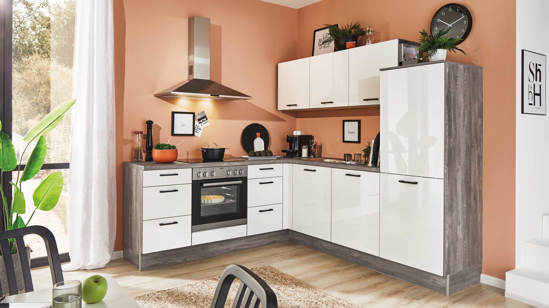 Einbauküche Pino küchen aus Holz in Weiß pino Einbauküche inklusive Einbaugeräte Weiß & Steineiche - Stellfläche ca. 215 x 245 cm