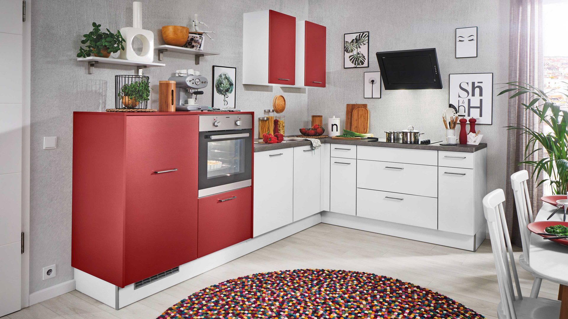 Einbauküche Pino küchen aus Holz in Rot pino Einbauküche inklusive ZANKER Einbaugeräte Burgundrot & Steingrau - Stellfläche ca. 299 x 205 cm