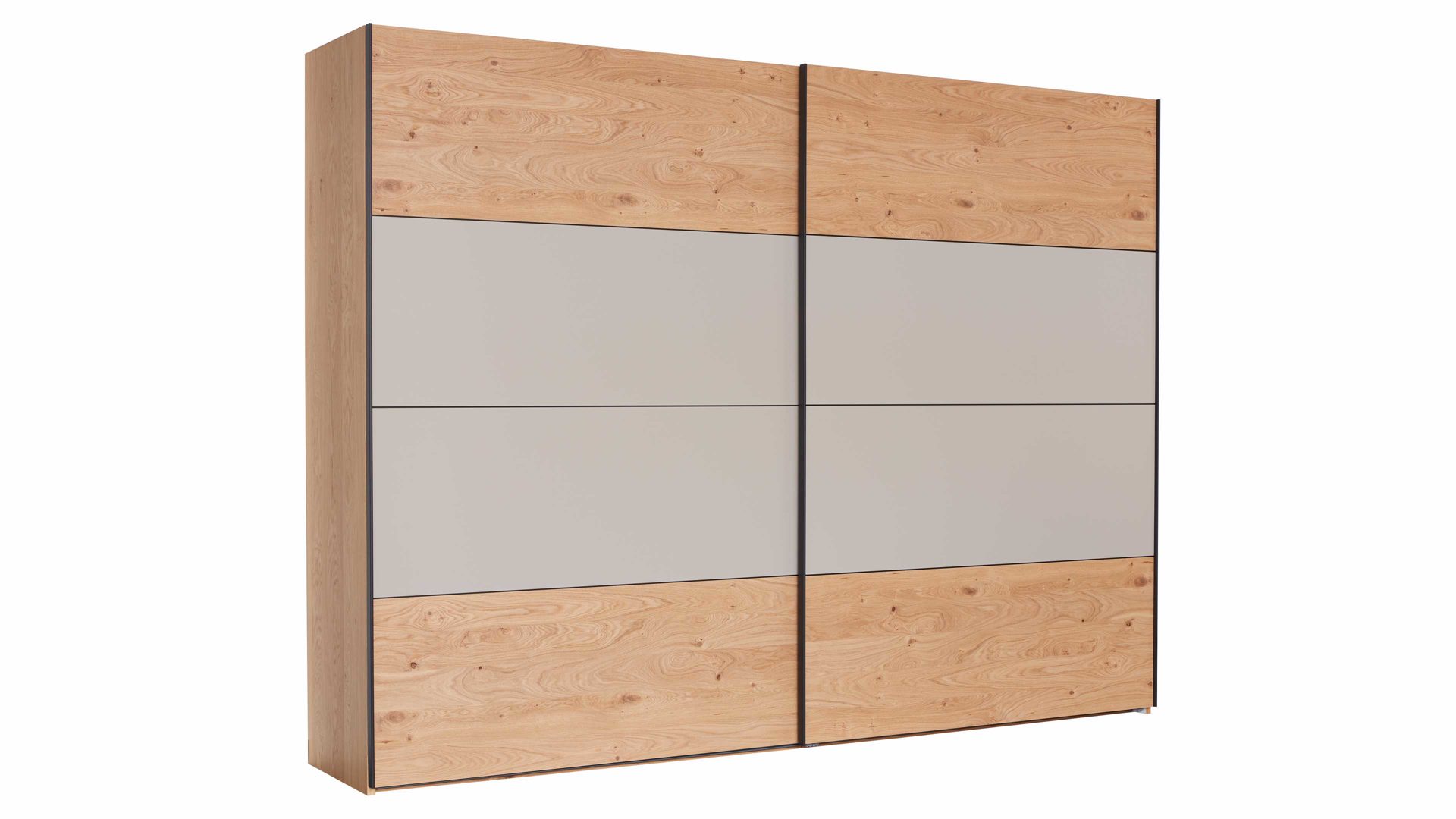 Kleiderschrank Interliving aus Holz in Grau Interliving Schlafzimmer Serie 1024 – Schwebetürenschrank Design 25,  Taupe & Balkeneiche - zwei Türen, Breite ca. 301 cm