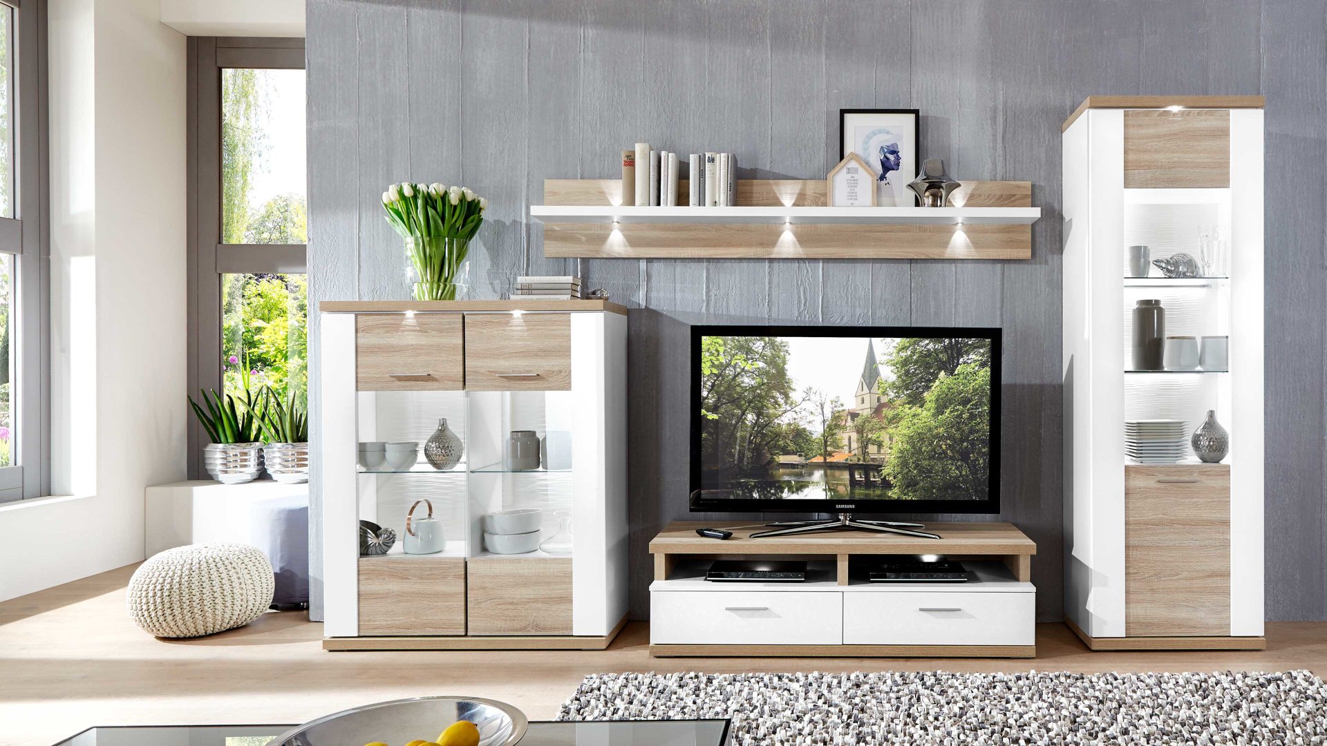 Wohnwand Ideal möbel aus Holz in Weiß Wohnprogramm Manhattan - Wohnwand mit TV-Möbel Weiß & Eiche sägerau – vierteilig, Breite ca. 330 cm