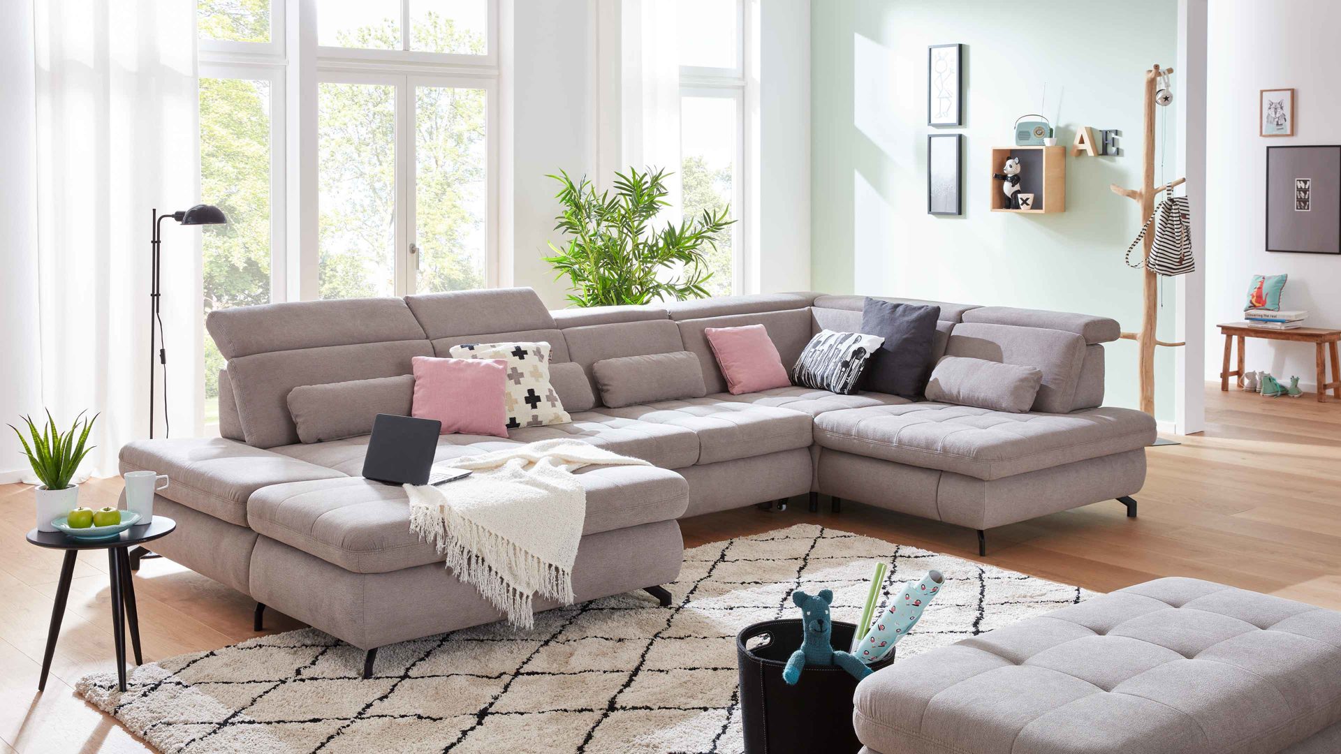 Ecksofa modulmaster aus Stoff in Hellgrau Modulmaster MM-MP1109 - Wohnlandschaft granitfarbene Chenille Nemo & schwarze Metallfüße - Stellfläche ca. 387 x 220 cm