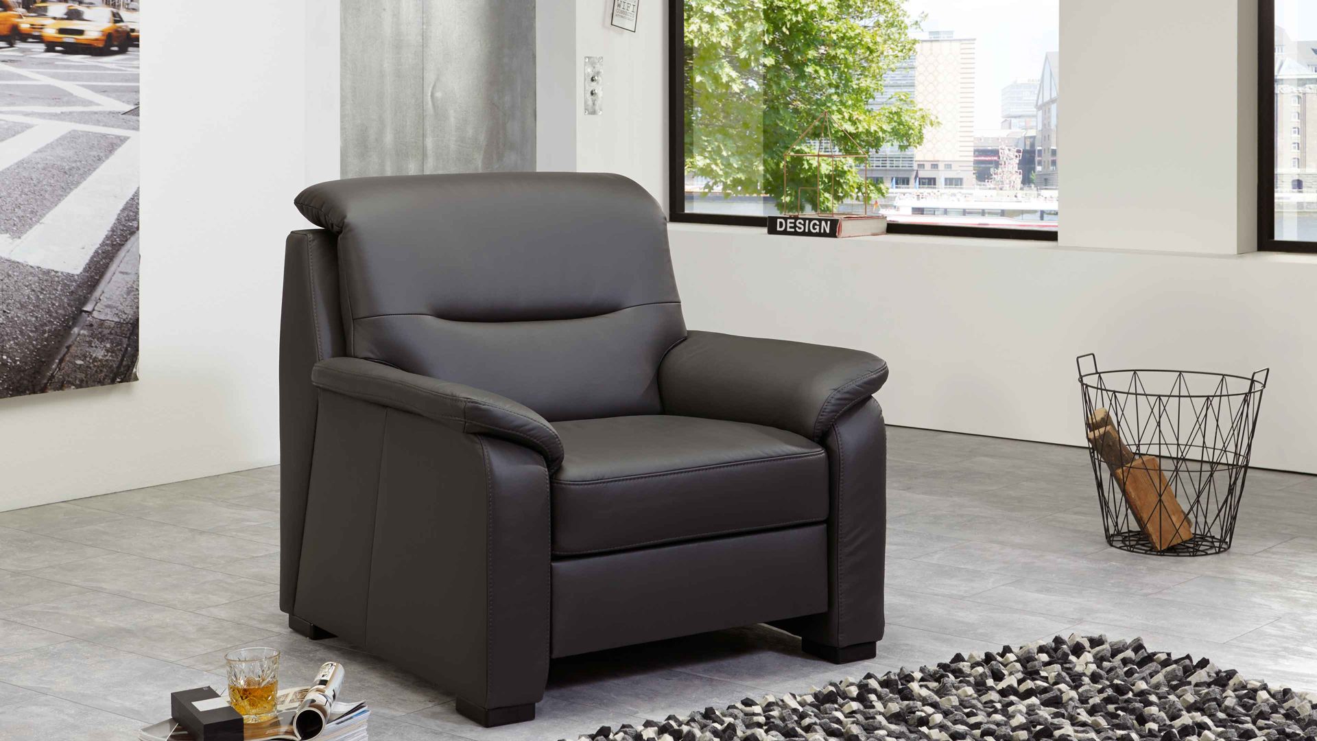 Polstersessel modulmaster aus Leder in Anthrazit Modulmaster MM-PN1009 - Sessel anthrazitfarbenes Leder Torro & schwarze Holzfüße