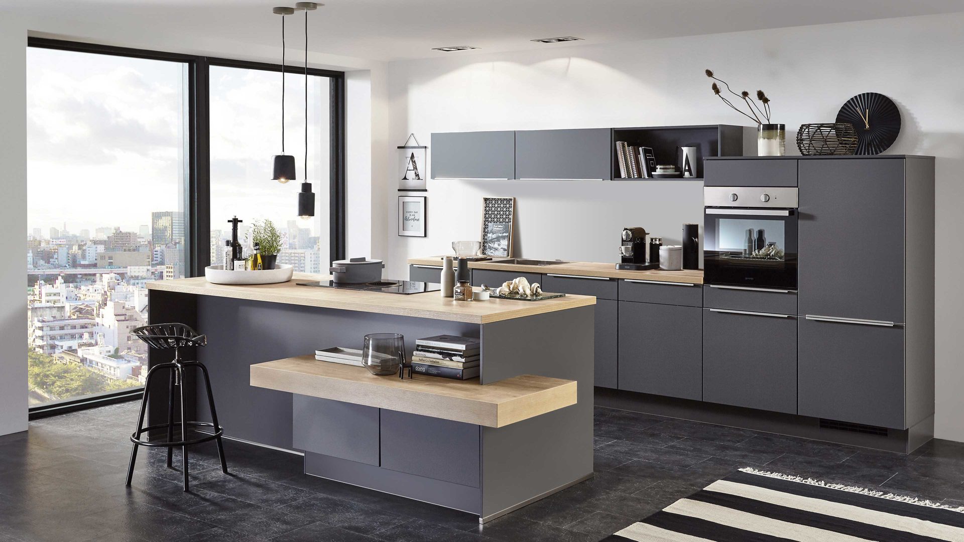 Einbauküche Nobilia® aus Holz in Dunkelgrau nobilia® Einbauküche Touch mit gorenje Elektrogeräten Schiefergrau & Eiche Provence - zweizeilig