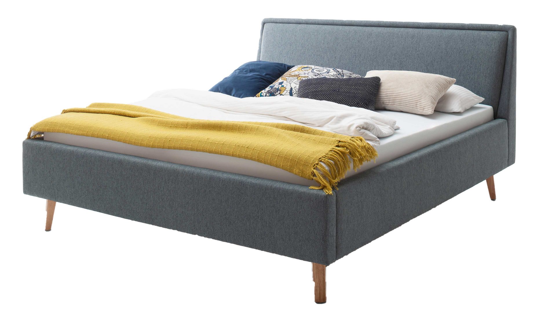 Bettgestell Meise.möbel aus Stoff in Blau Polsterbettgestell Frieda oceanfarbener Bezug Stelar 39 & eichefarbene Holzfüße - Liegefläche ca. 160 x 200 cm