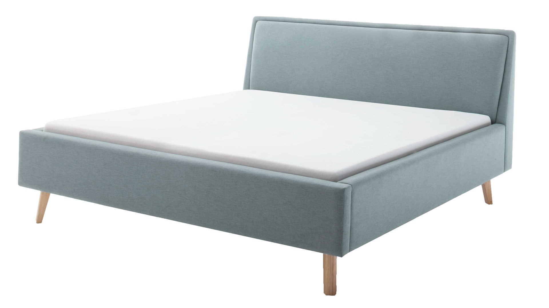 Bettgestell Meise.möbel aus Stoff in Blau Polsterbettgestell Frieda eisblauer Bezug Sawana 72 & eichefarbene Holzfüße - Liegefläche ca. 160 x 200 cm