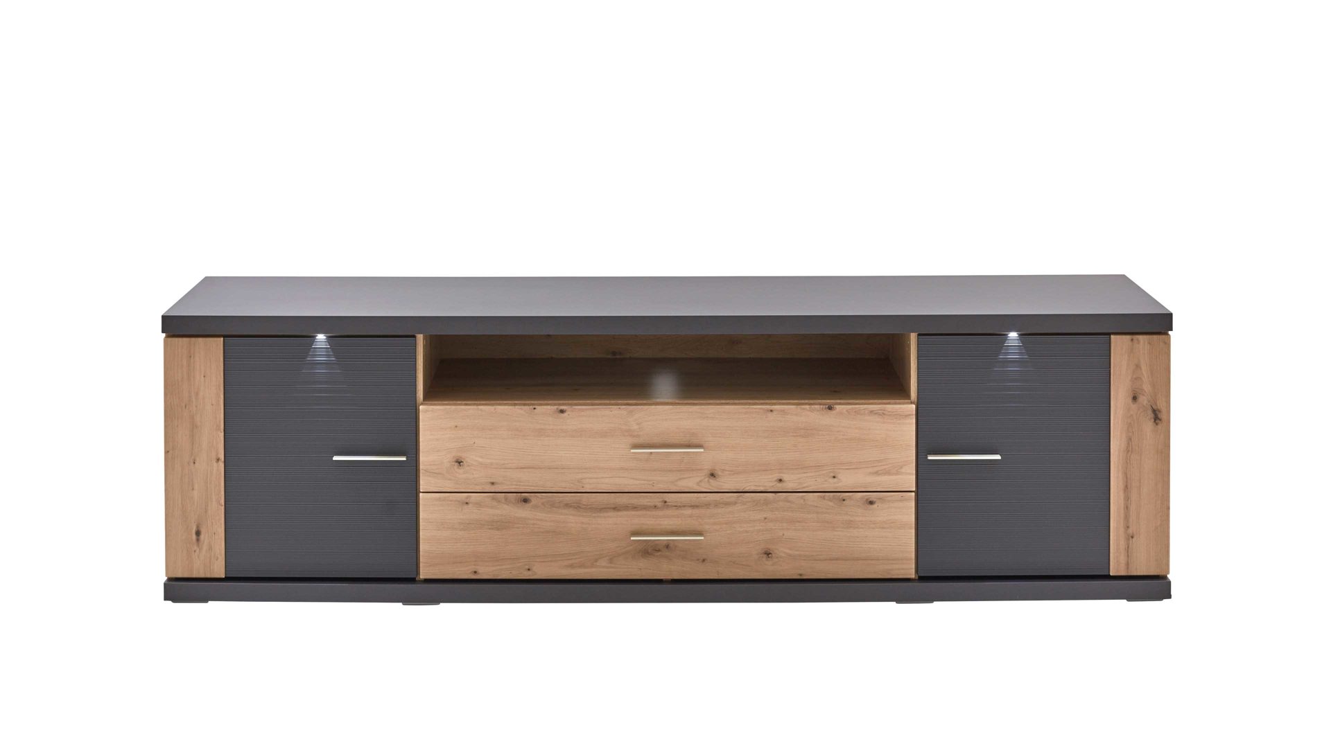 Lowboard Ideal möbel aus Holz in Dunkelgrau Medien-Lowboard Manhattan Grau & Eiche Artisan – zwei Türen, zwei Schubladen, Länge ca. 179 cm
