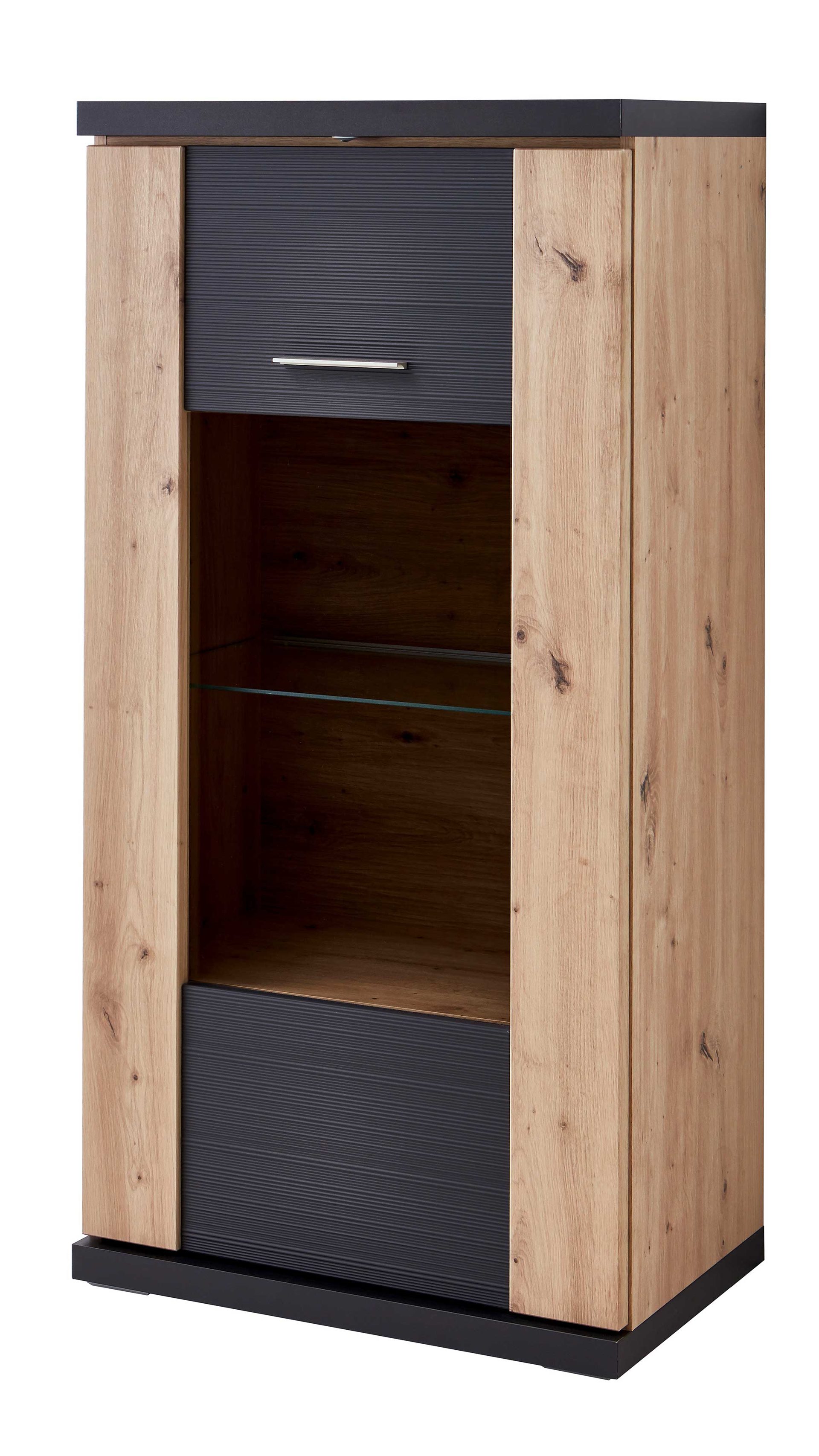 Vitrine Ideal möbel aus Holz in Dunkelgrau Highboard-Vitrine Manhattan Grau & Eiche Artisan – eine  Tür,  rechts