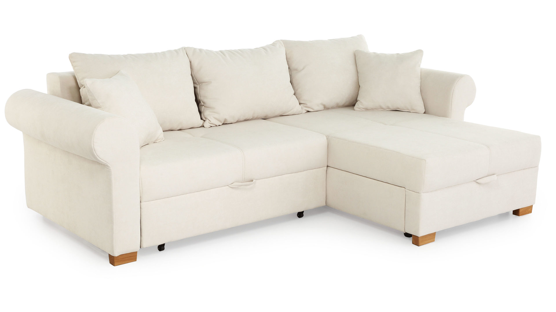 Ecksofa Job aus Stoff in Beige Funktions-Ecksofa List mit Schlaffunktion creme-beige Microfaser 485-07 & Holzfüße – Stellfläche ca. 248 x 161 cm