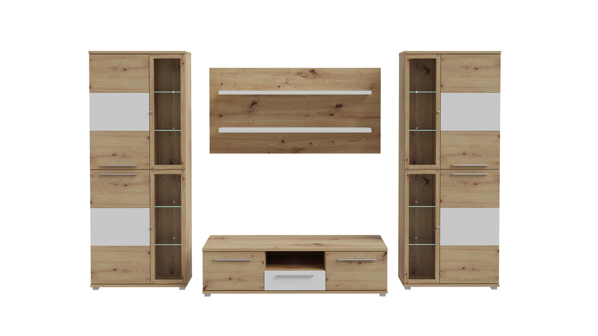Wohnwand Forte® aus Holz in Holzfarben Wohnwand Allister Artisan Eiche & Weiß – vierteilig, Breite ca. 334 cm