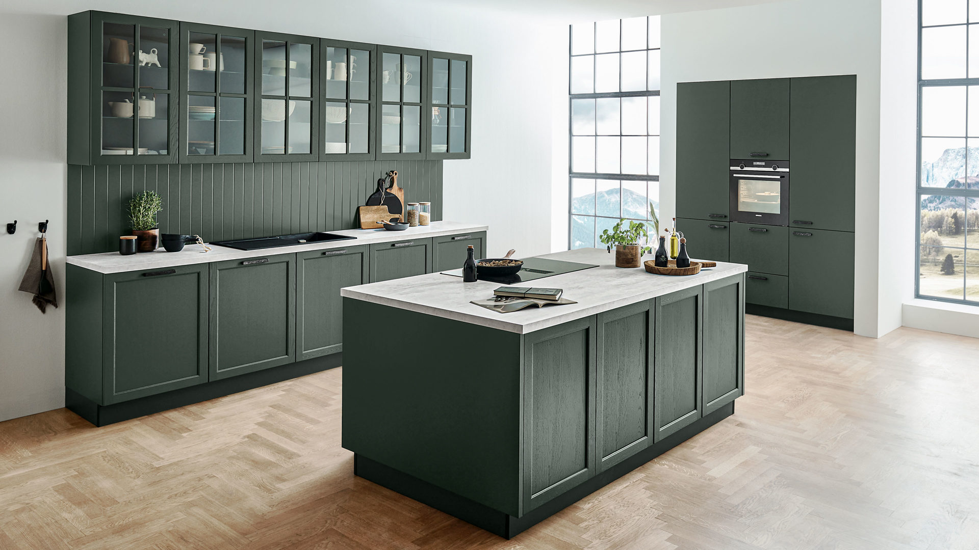 Einbauküche Nolte® küchen aus Holz in Dunkelgrün nolte® Einbauküche Lugano mit SIEMENS Einbaugeräten Black Green – dreiteilig