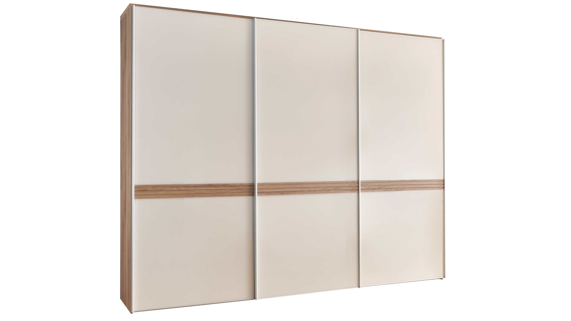 Kleiderschrank Staud aus Holz in Weiß STAUD Schwebetürenschrank Sinfonie Plus Elfenbein & Trentino Eiche – drei Türen, Breite ca. 298 cm