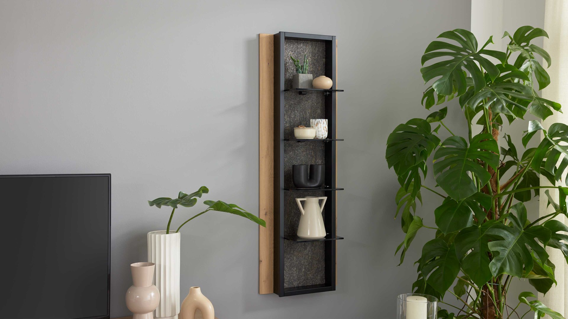 Wandregal Interliving aus Holz in Holzfarben Interliving Wohnzimmer Serie 2029 - Wandregal Wildeiche & Granit-Steinoptik - ca. 46 x 135 cm