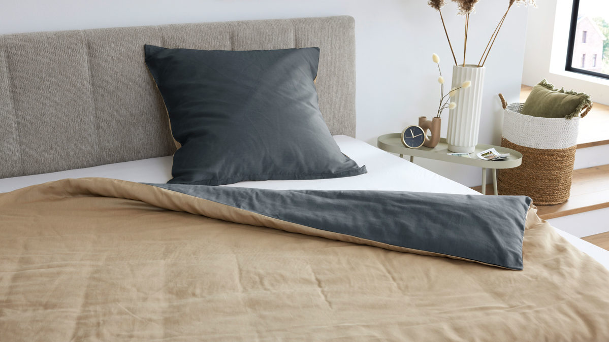 Bettwäsche-Set Interliving aus Stoff in Beige Interliving Bettwäsche Serie 9128 Baumwollsatin in Sand & Anthrazit - ca. 155 x 220 cm