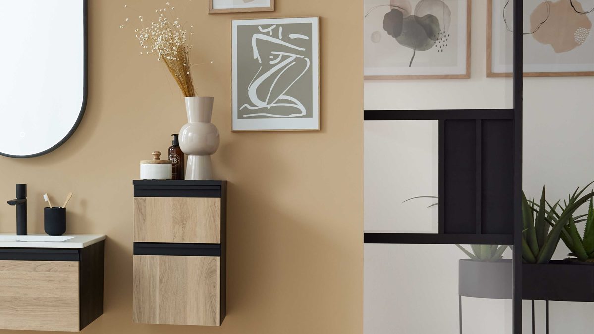 Unterschrank Interliving aus Holz in Holzfarben Interliving Bad Serie 3702 - Unterschrank 7771 mit Ablageplatte naturfarbene Cuneo Eiche - zwei Schubladen, Breite ca. 30 cm