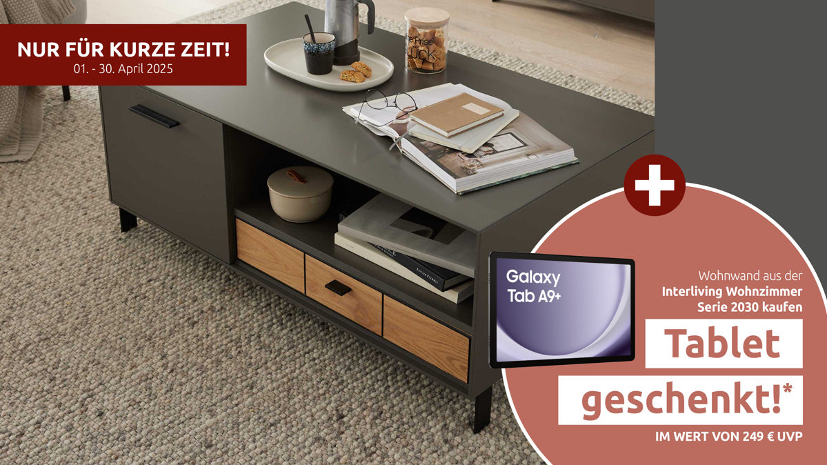 Couchtisch Interliving aus Holz in Dunkelgrau Interliving Wohnzimmer Serie 2030 - Couchtisch Wolfram Grey & Spaltholz - zwei Türen, eine Schublade, ca. 110 x 60 cm