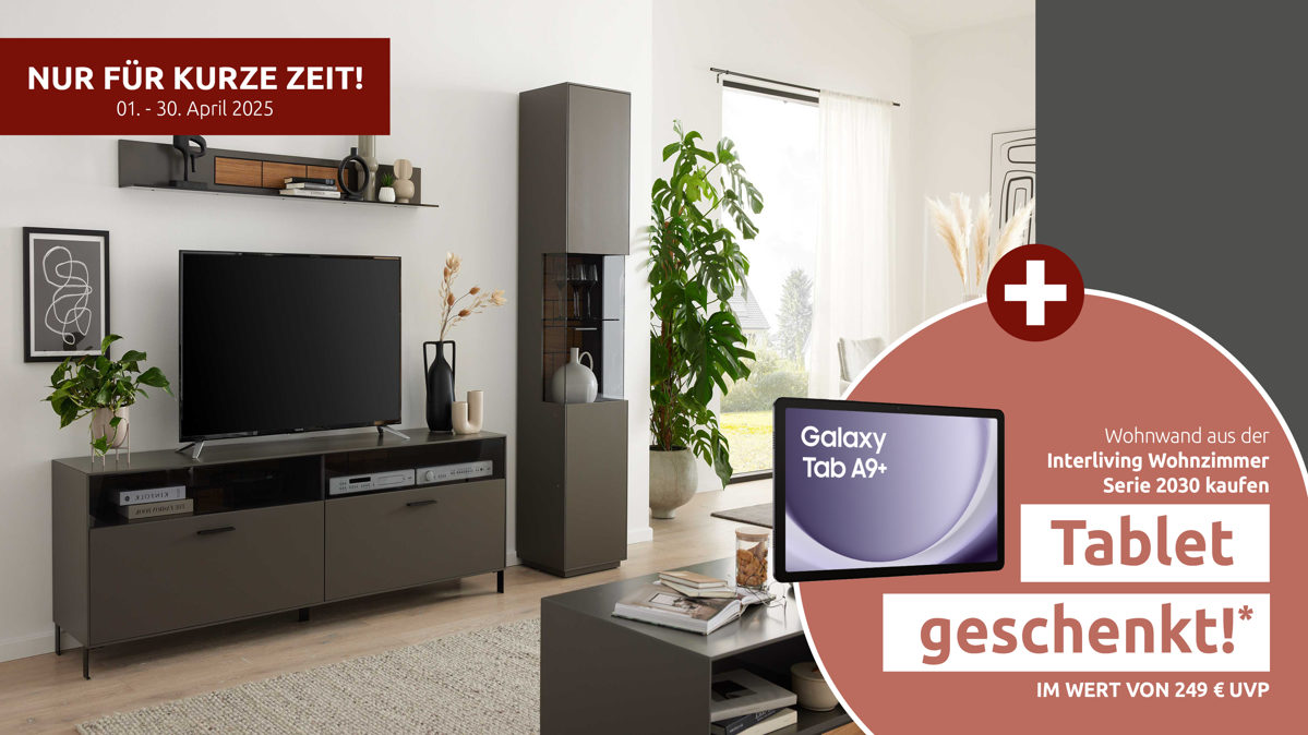 Wohnwand Interliving aus Holz in Dunkelgrau Interliving Wohnzimmer Serie 2030 - Wohnwand 86 Wolfram Grey & Spaltholz - dreiteilig, Länge ca. 275 cm