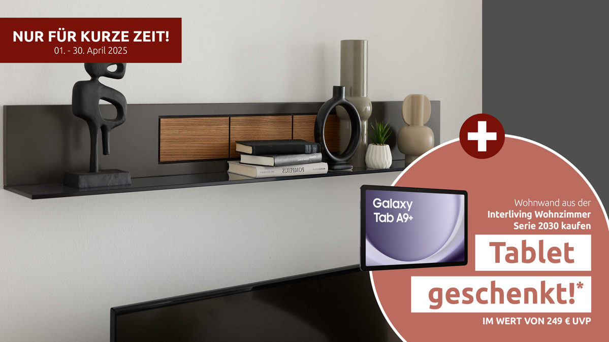 Wandregal Interliving aus Holz in Dunkelgrau Interliving Wohnzimmer Serie 2030 - Wandregal Wolfram Grey & Spaltholz - Länge ca. 150 cm