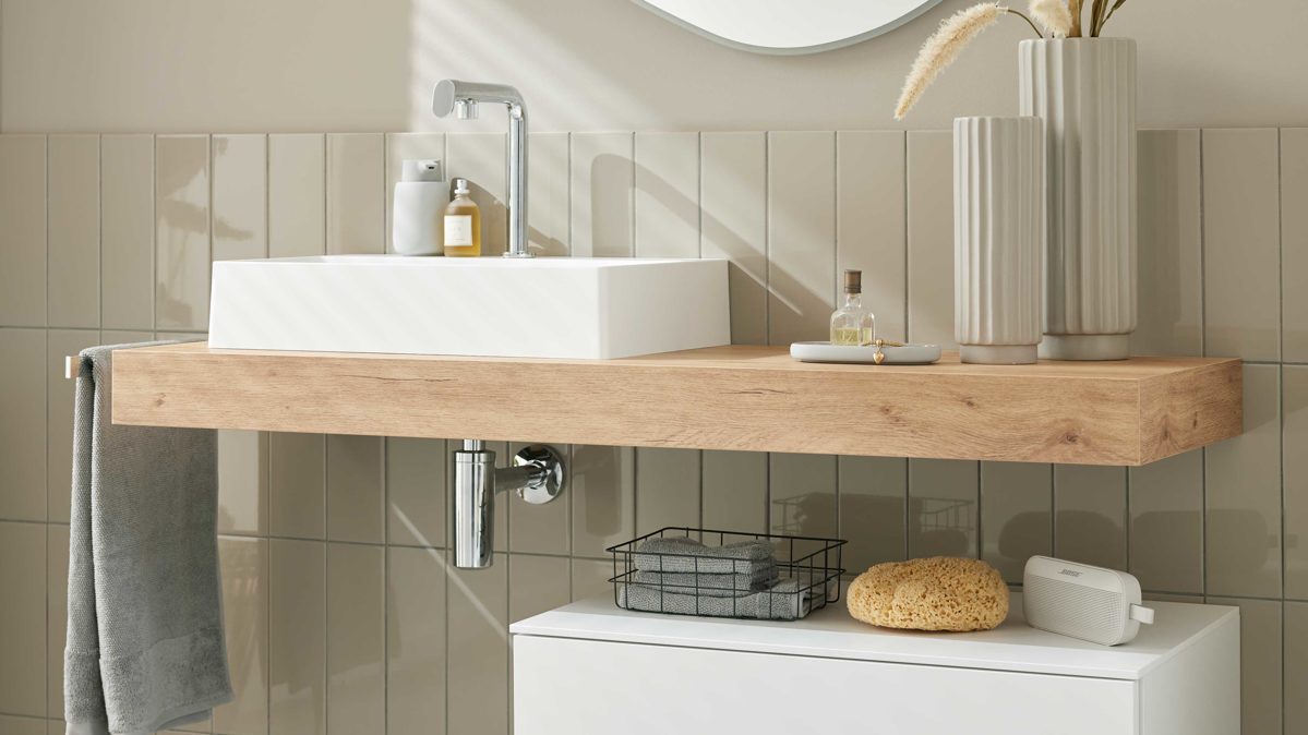 Waschtisch-Set / Waschbecken-Set Interliving aus Holz in Holzfarben Interliving Bad Serie 7490 – Konsolen-Set Eiche Sierra - Länge ca. 140 cm